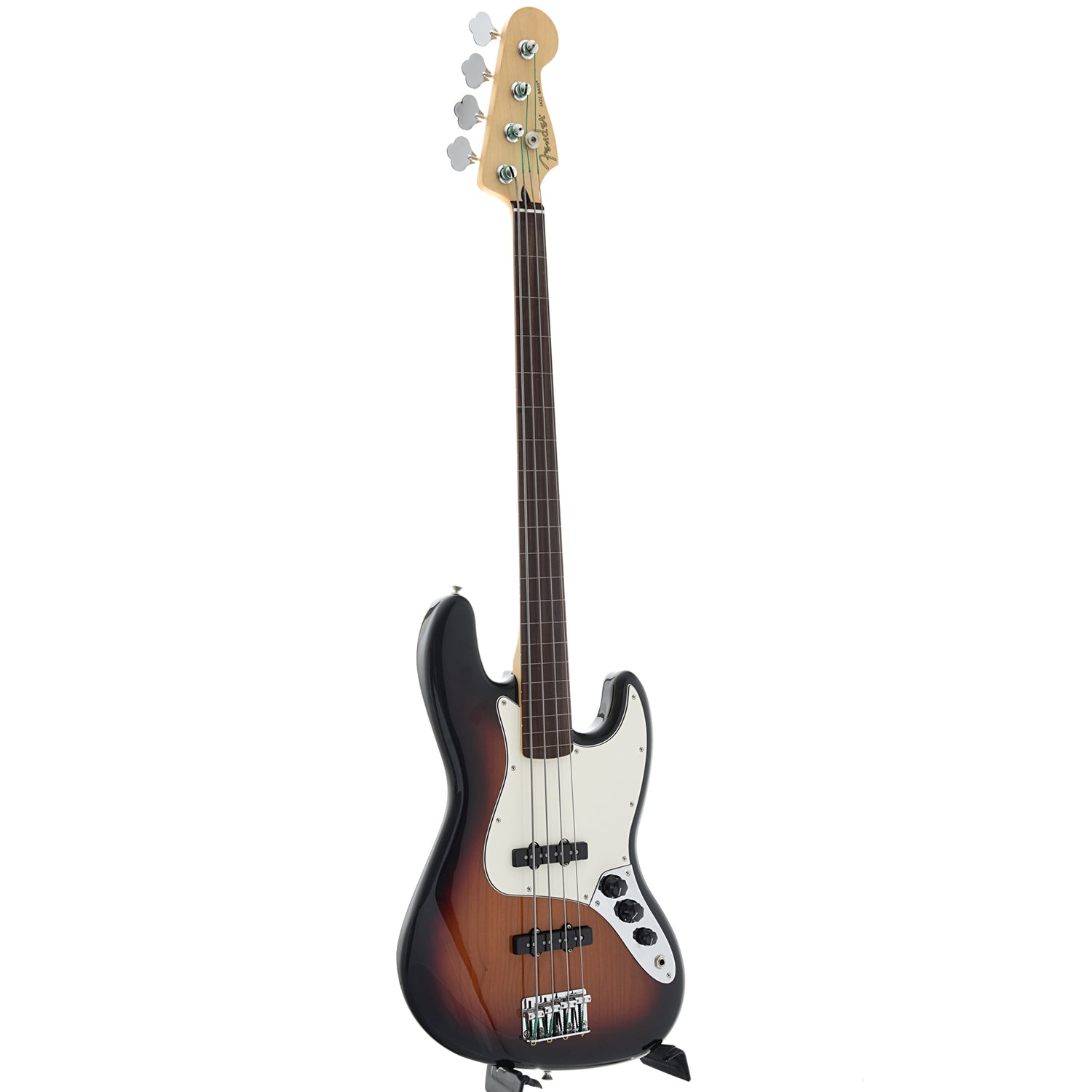 full front and side of Fender Player Jazz Bass Fretless, 3 Color Sunburst
