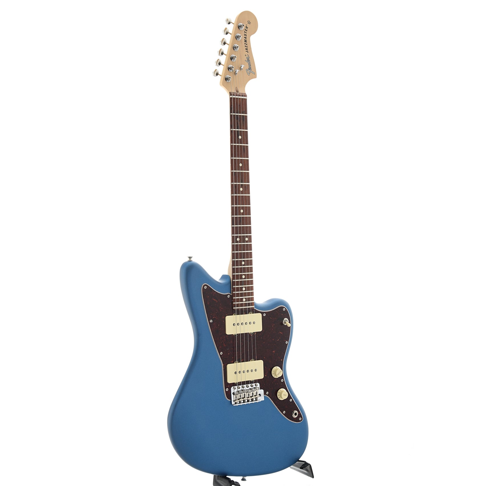 Full front and side of Fender American Performer Jazzmaster, Lake Placid Blue
