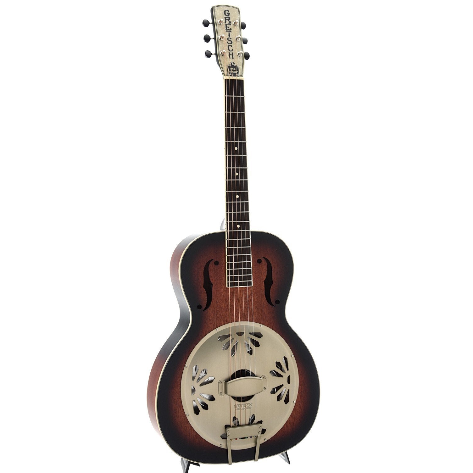 Full Front and Side of Gretsch Ampli-Sonic G9240 Alligator Roundneck Resonator Guitar