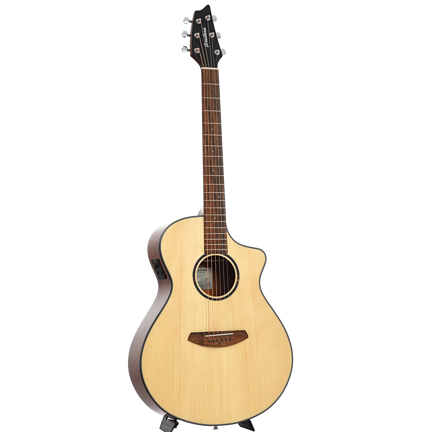Full front and side of Breedlove Eco Collection Discovery S Concert CE European-African Mahogany