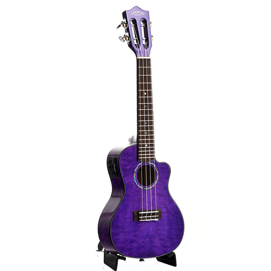 full front and side of Lanikai Quilted Maple Purple Stain A/E Concert Ukulele