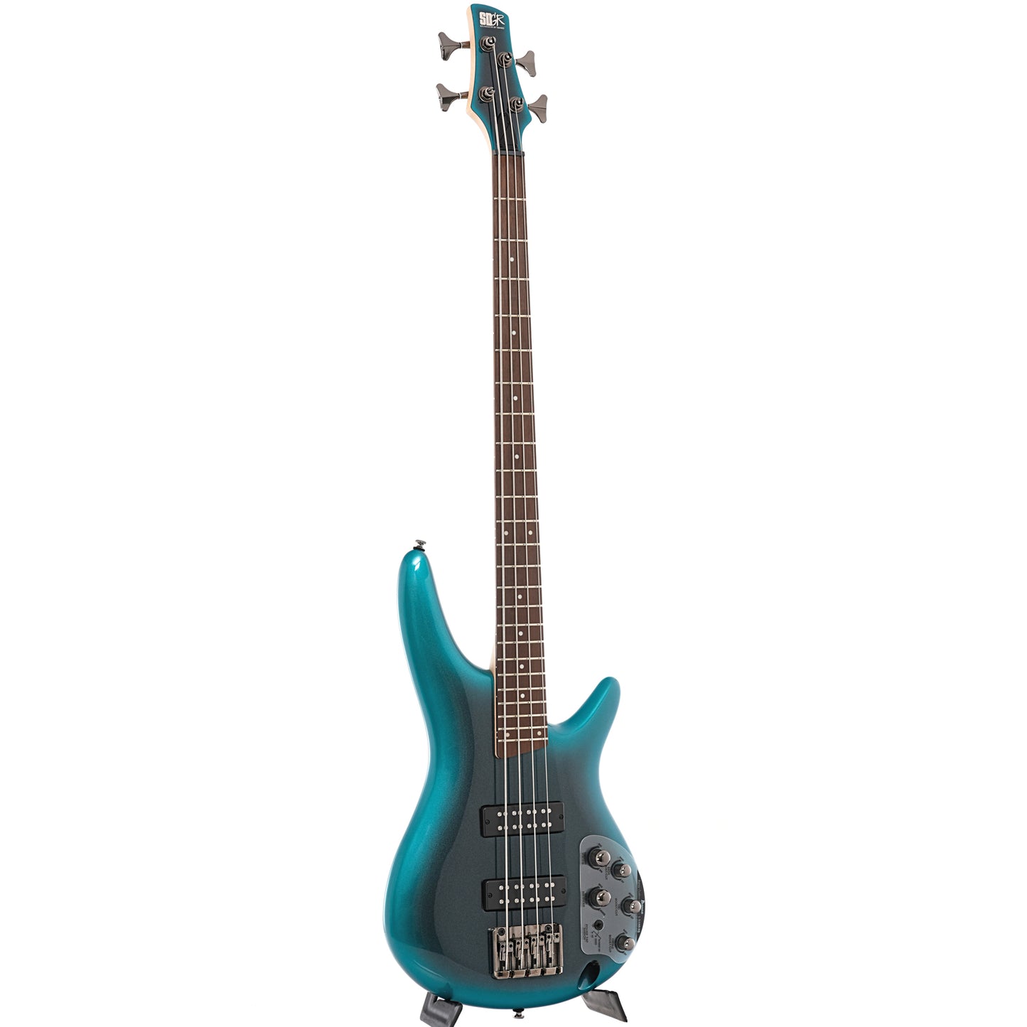 Full front and side of Ibanez SR300E Cerulean Aura Burst bass