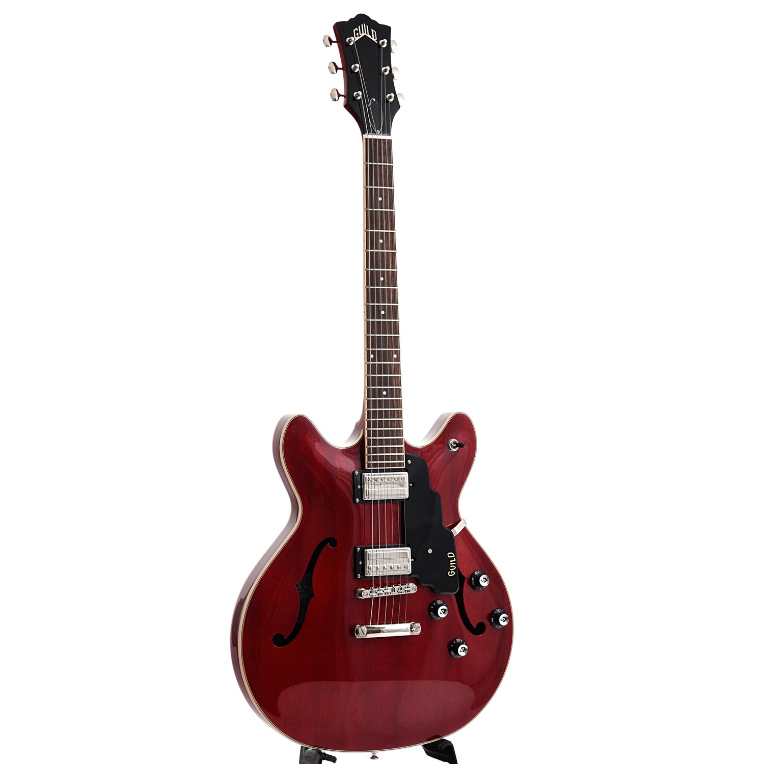 Full front and side of Guild Starfire I Double Cutaway Semi-Hollow Body Guitar, Cherry Red