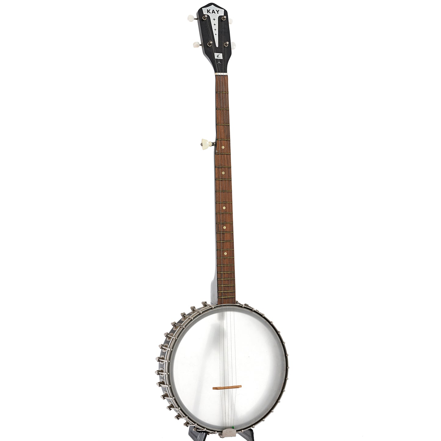 Full front and side of Kay Open Back Banjo