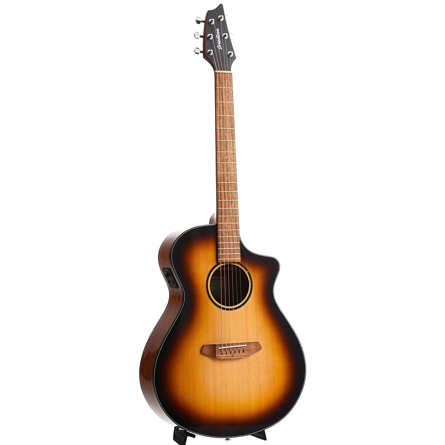 full front and side of Breedlove Eco Collection Discovery S Concert Edgeburst CE Sitka-African Mahogany