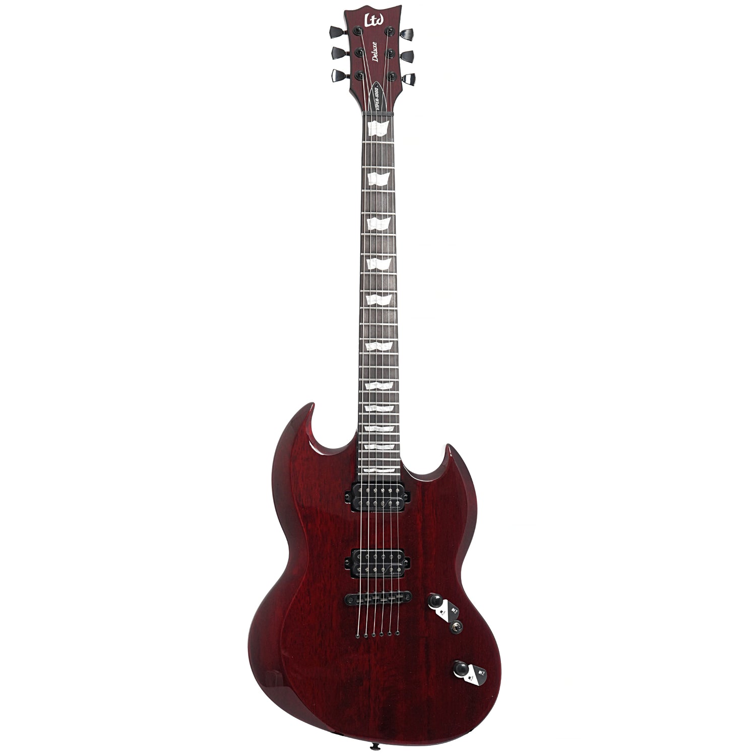 Full front of ESP LTD Viper-1000 Electric Guitar, See Thru Black Cherry