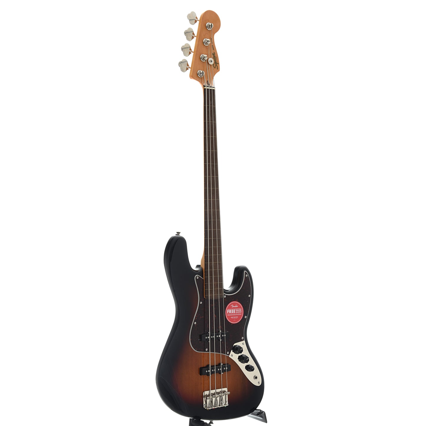 Full front and side of Squier Classic Vibe '60s Jazz Bass, Fretless