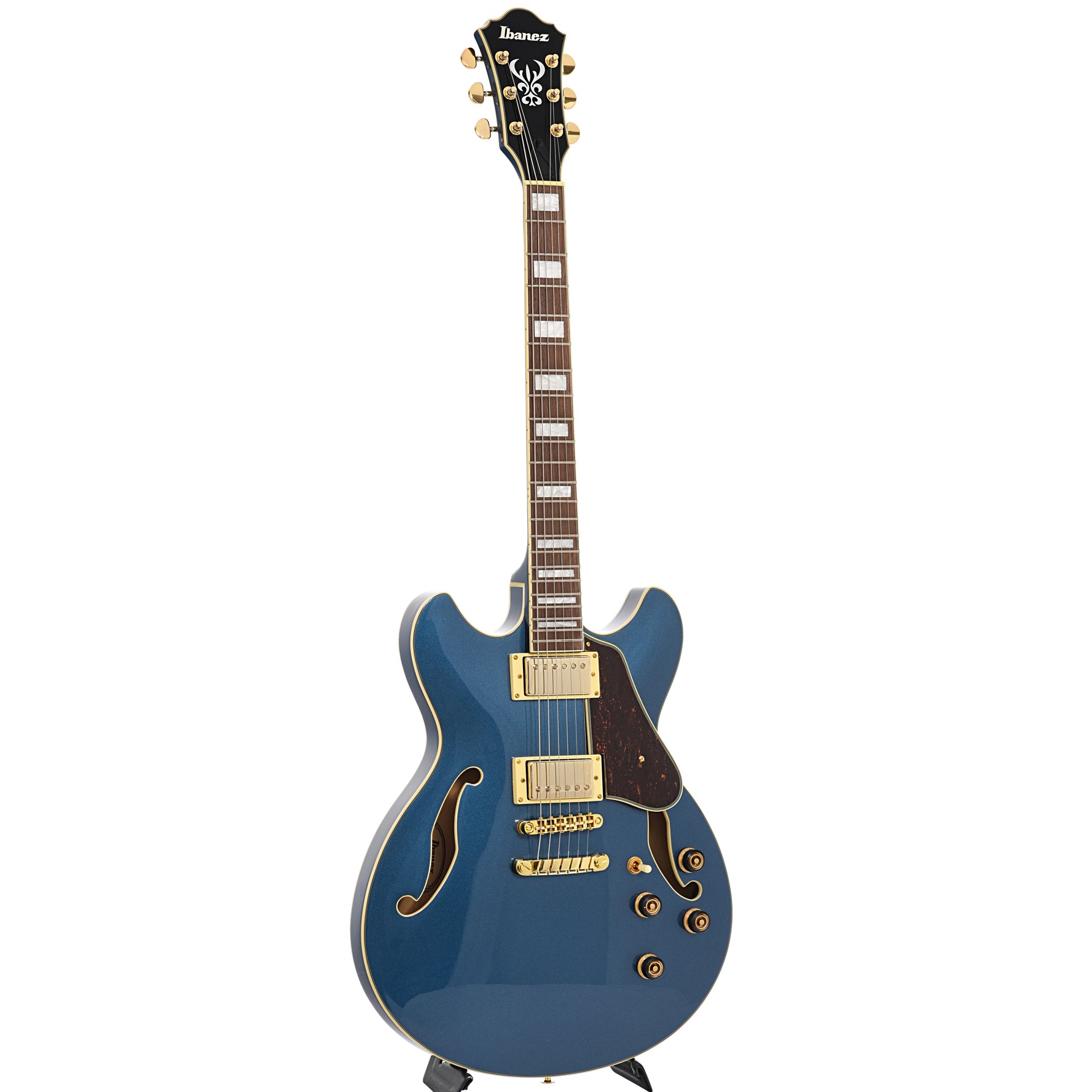 Full front and side of Ibanez Artcore AS73G Semi-Hollowbody Prussian Blue Metallic