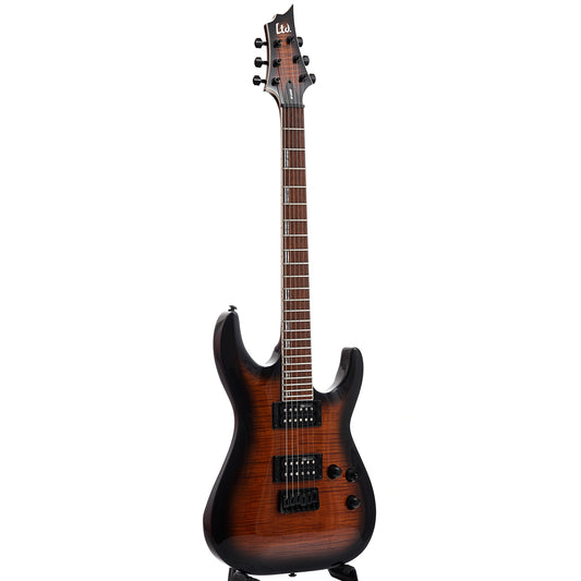 Full front and side of ESP LTD H-200FM Electric Guitar, Dark Brown Sunburst Finish