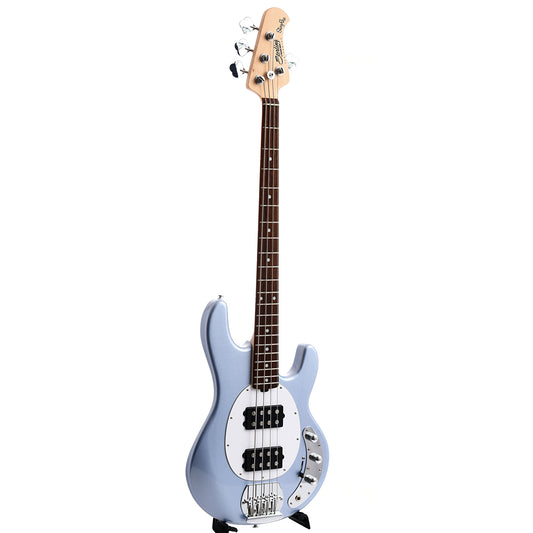 Full front and side of Sterling by Music Man StingRay Ray4HH Bass, Lake Blue Metallic