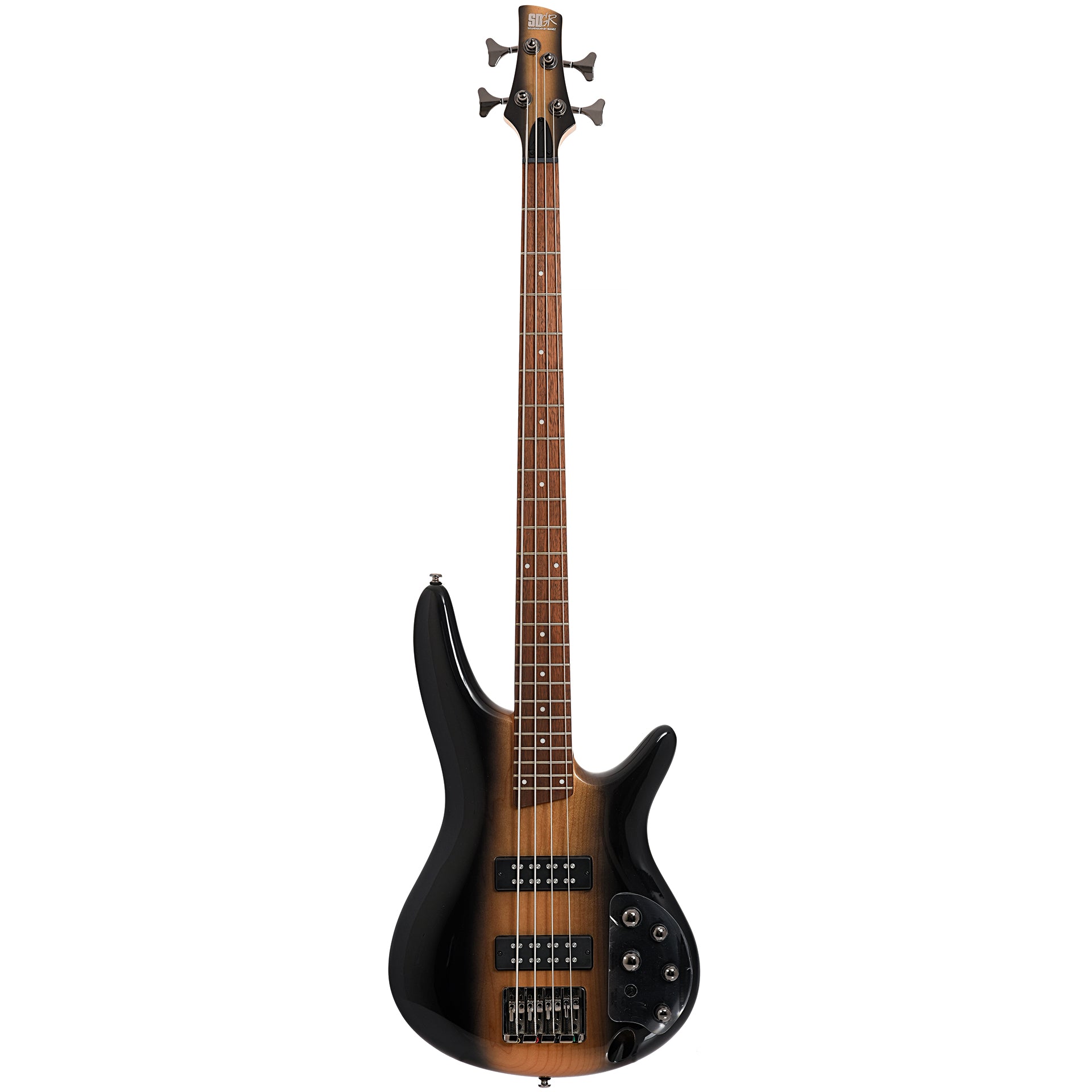 Full front of Ibanez SR370E 4-String Bass, Surreal Black Dual Fade Gloss