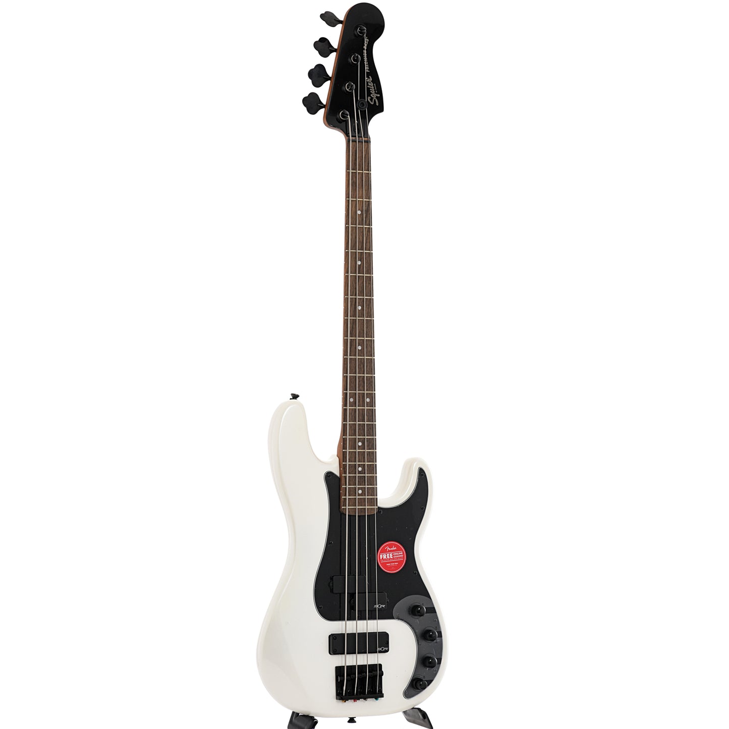 Full front and side of Squier Contemporary Active Precision Bass PH, Pearl White
