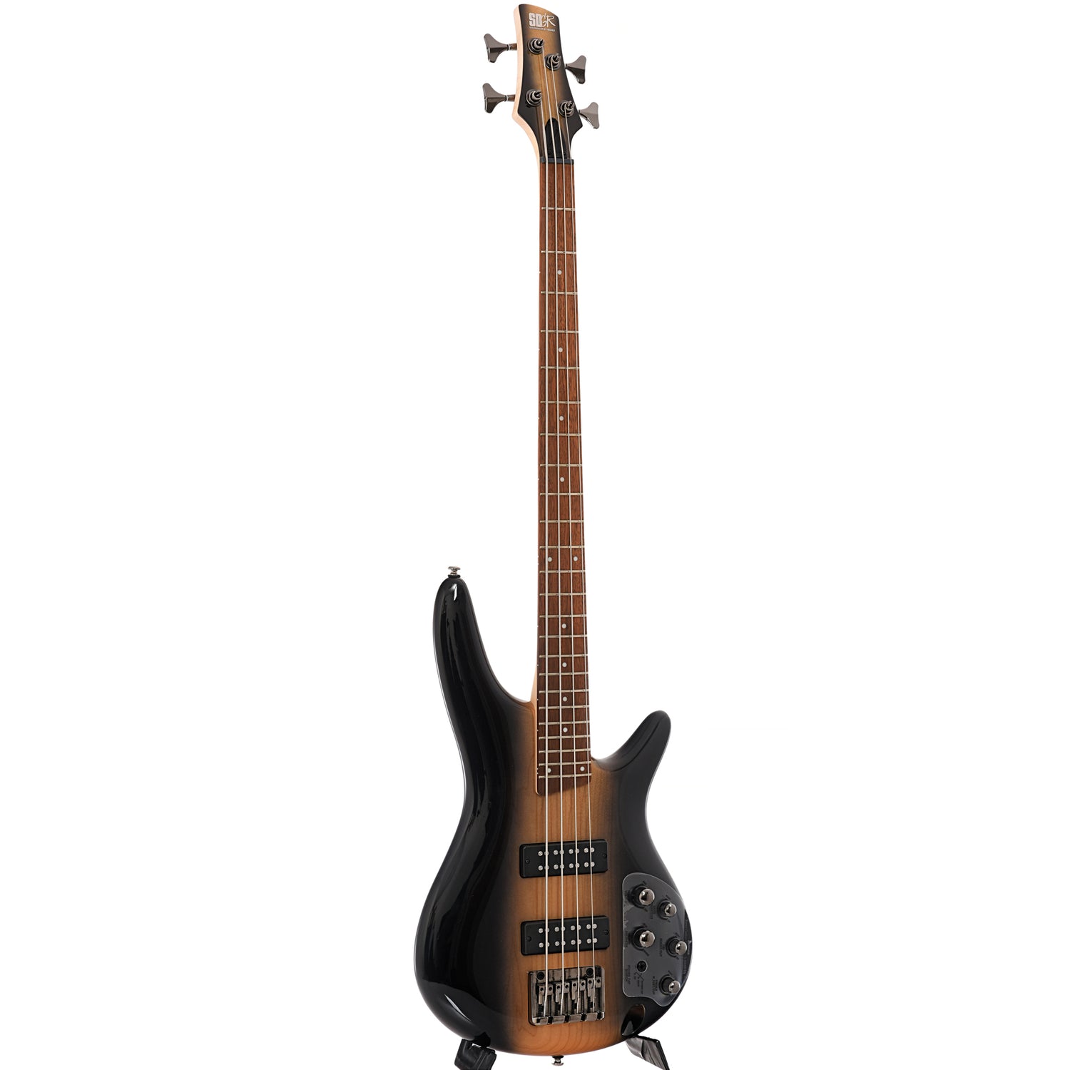 Full front and side of Ibanez SR370E 4-String Bass, Surreal Black Dual Fade Gloss