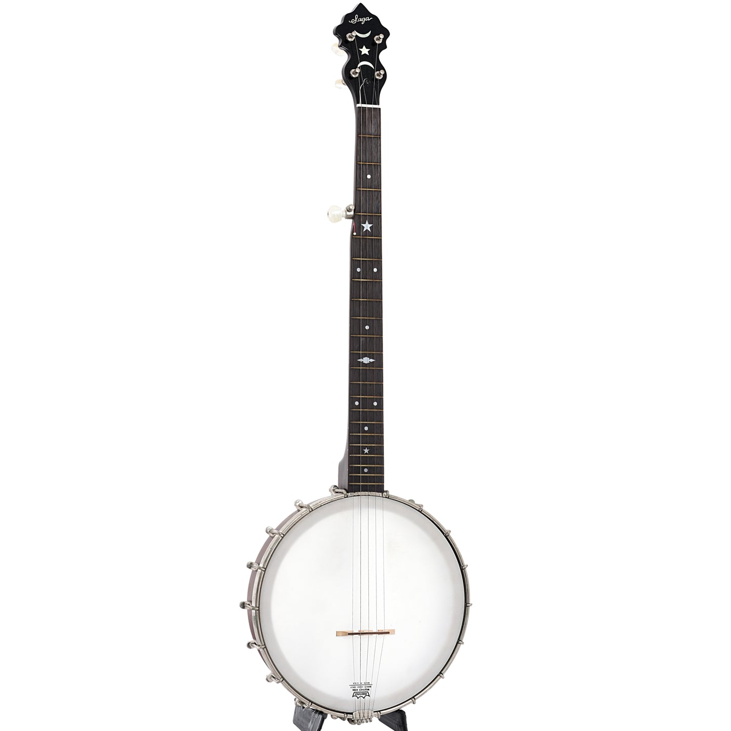 Full front and side of Saga SS10 Open Back Banjo