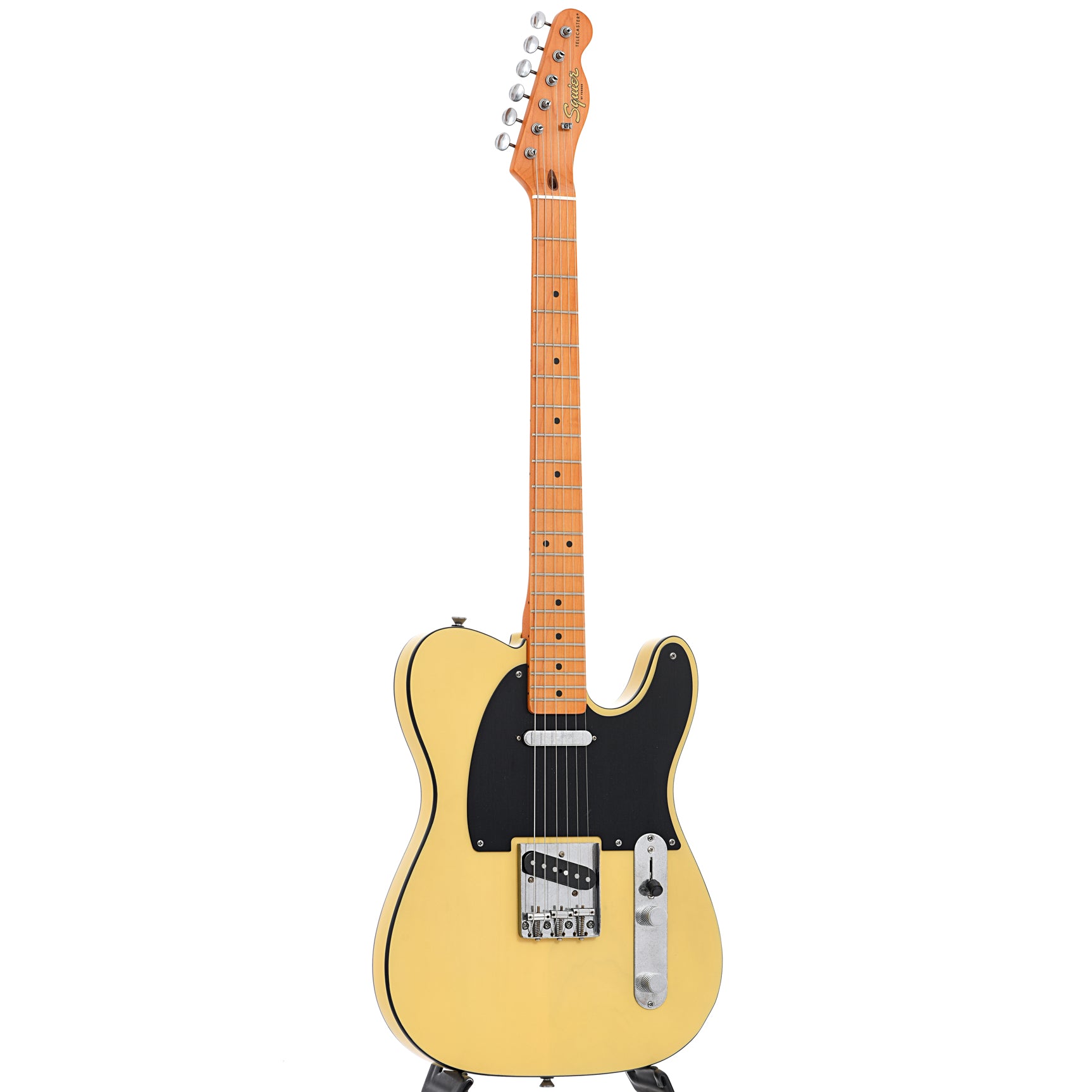 Full front and side of Squier 40th Anniversary Telecaster, Vintage Edition, Satin Vintage Blonde
