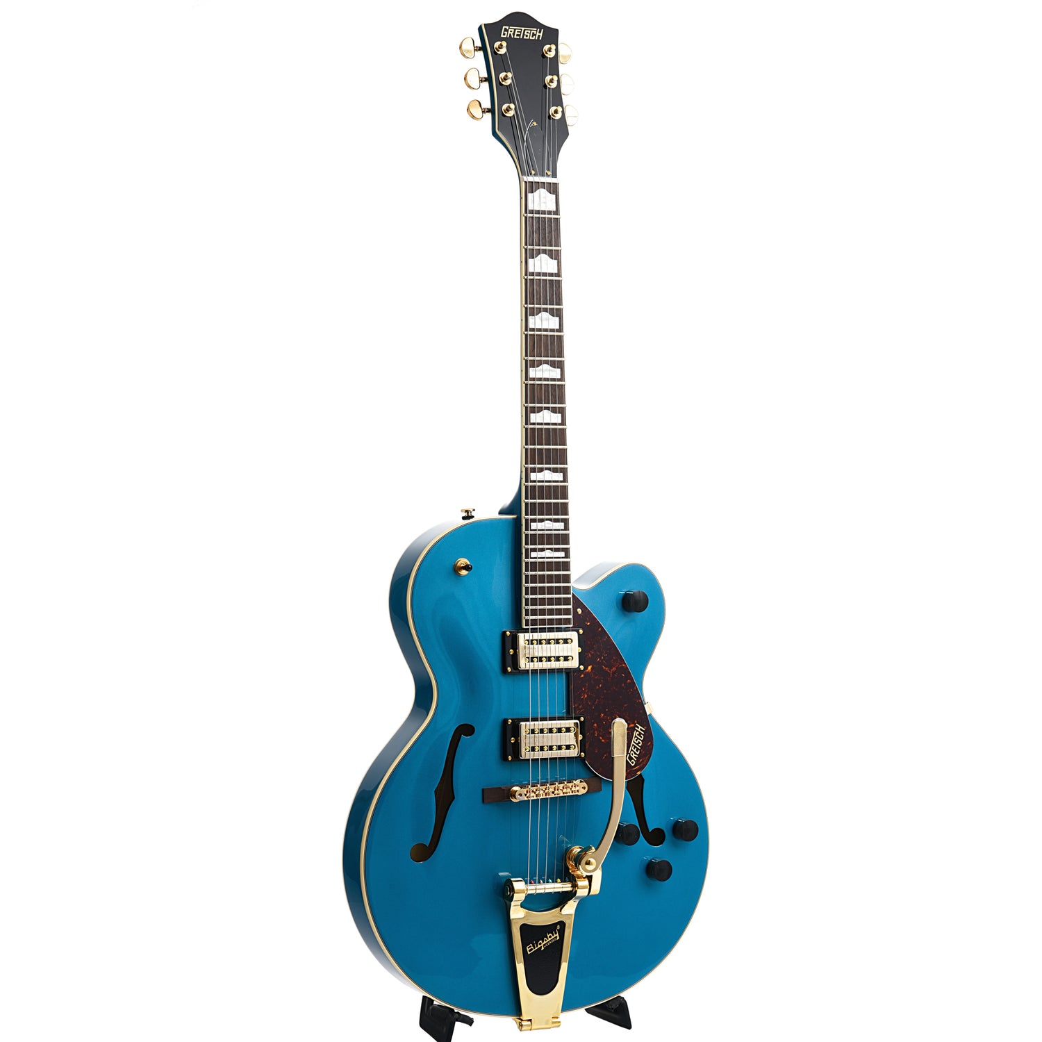 Full front and side of Gretsch G2410TG Streamliner Hollow Body Single Cut with Bigsby, Ocean Turquoise