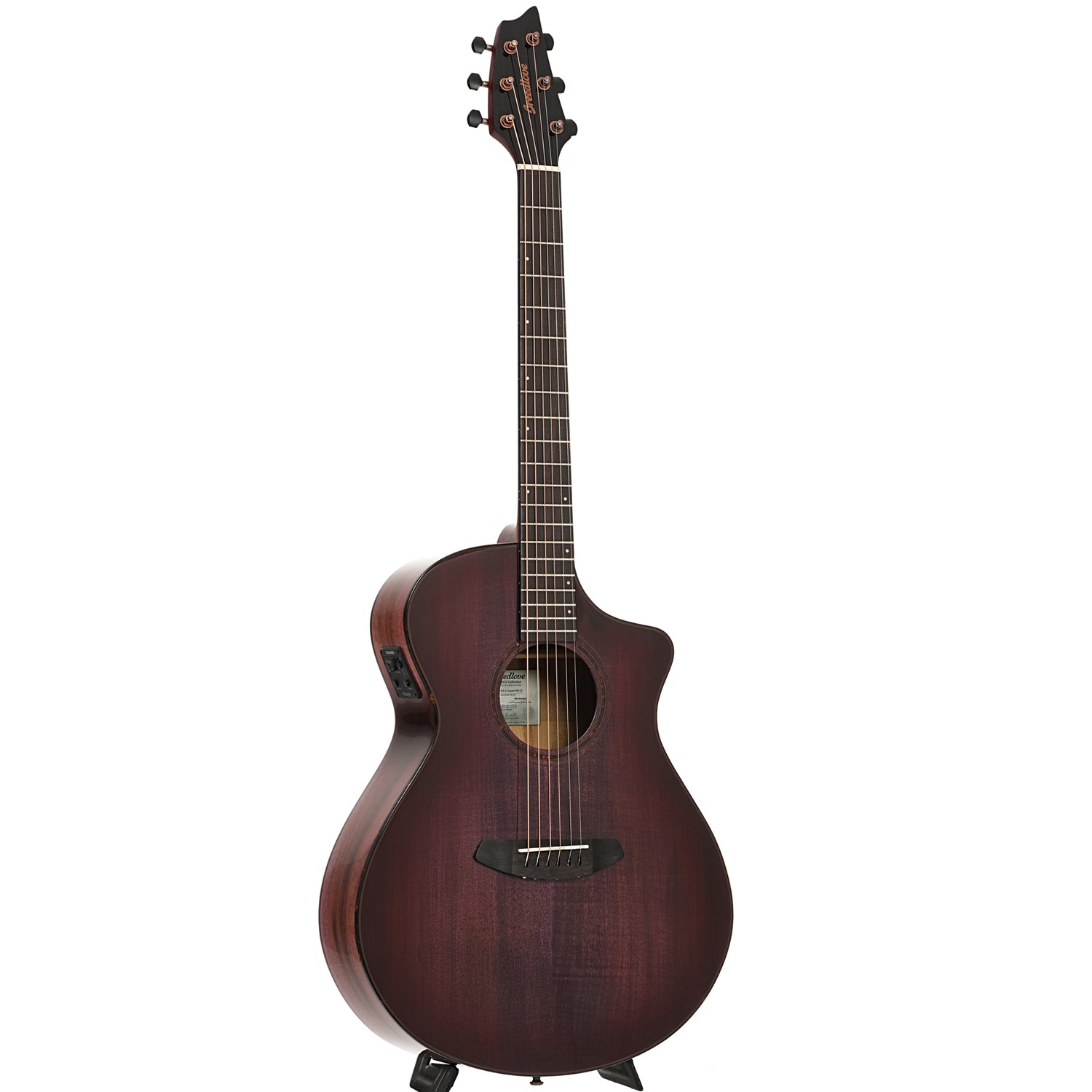 Full front and side of Breedlove Limited Edition Pursuit Exotic S Concert Pinot Burst CE Myrtlewood
