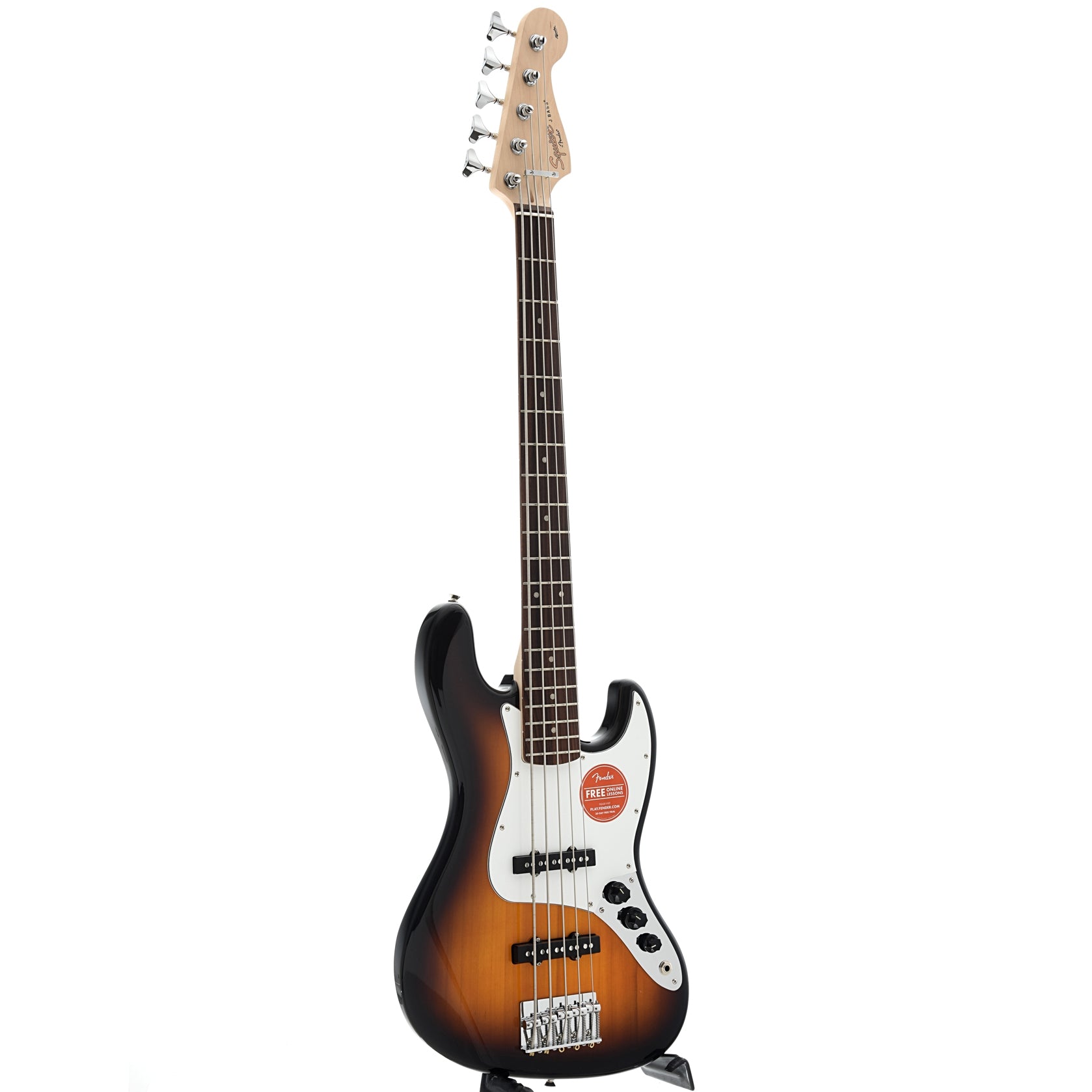 Full front and side of Squier Affinity Jazz Bass 5-String
