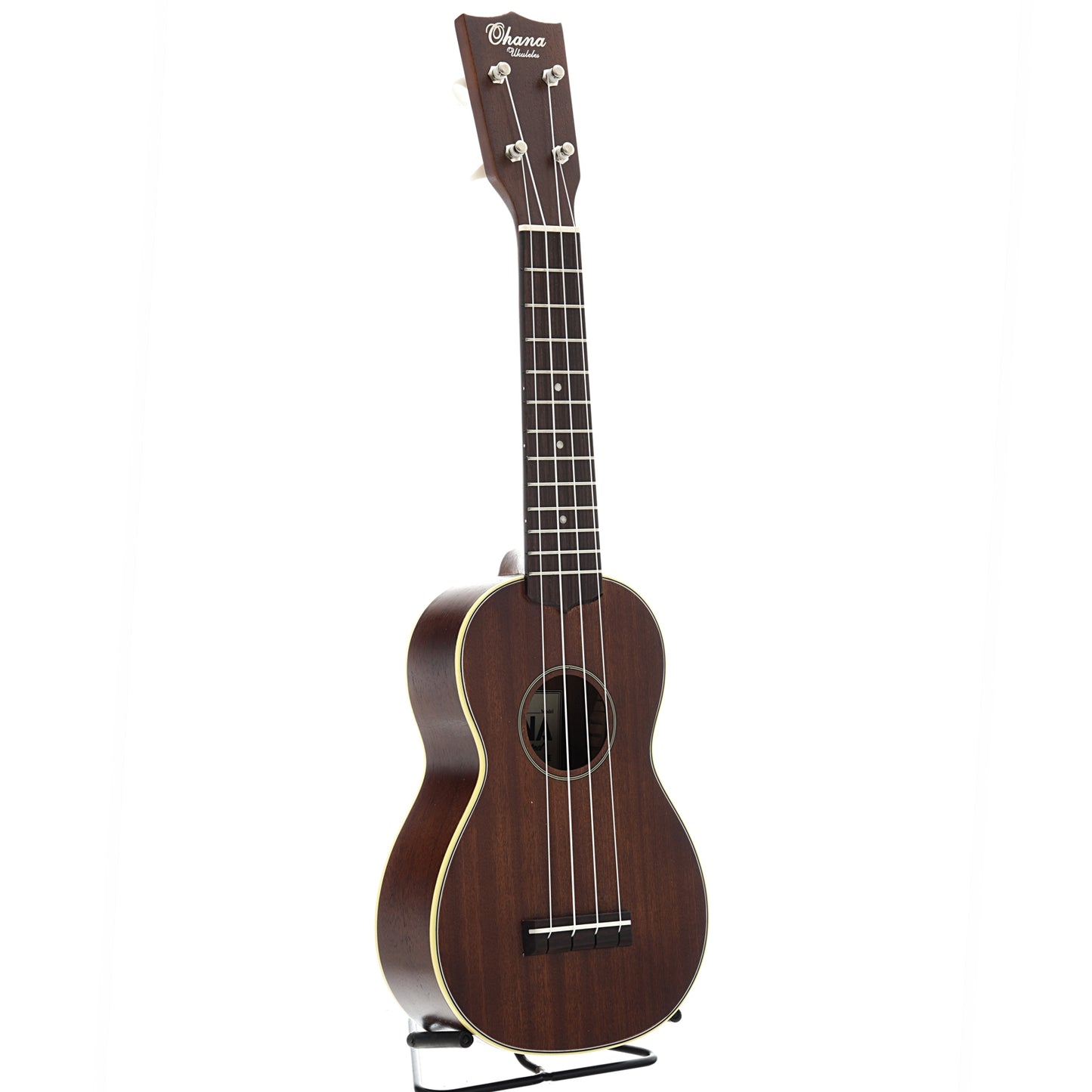 Full front and side of Ohana Vintage SK-38 Premium-Grade Mahogany Soprano Ukulele