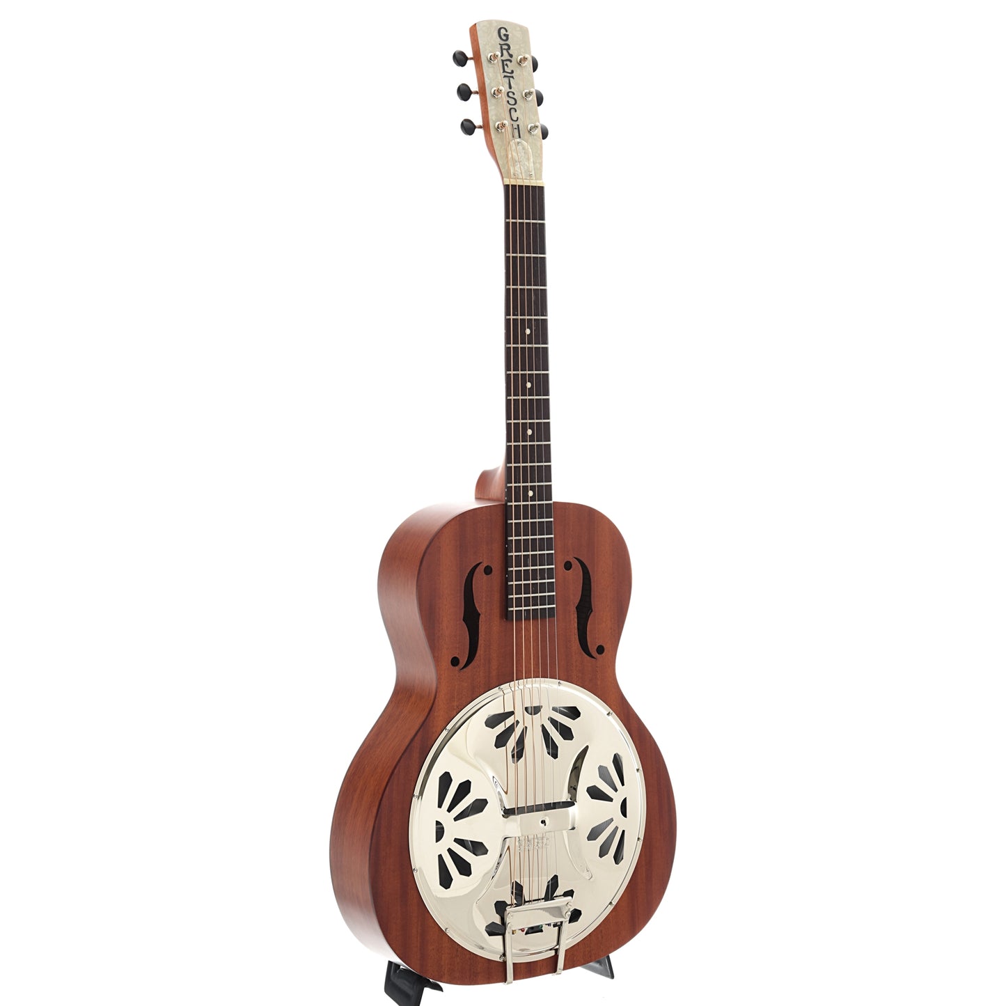 Full Front and Side of Gretsch Ampli-Sonic G9200 Boxcar Standard Roundneck Resonator Guitar
