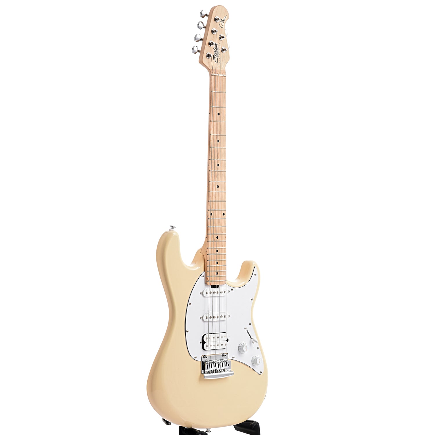 full front and side of Sterling by Music Man Modern Classic "Cutlass" HSS, Vintage Cream
