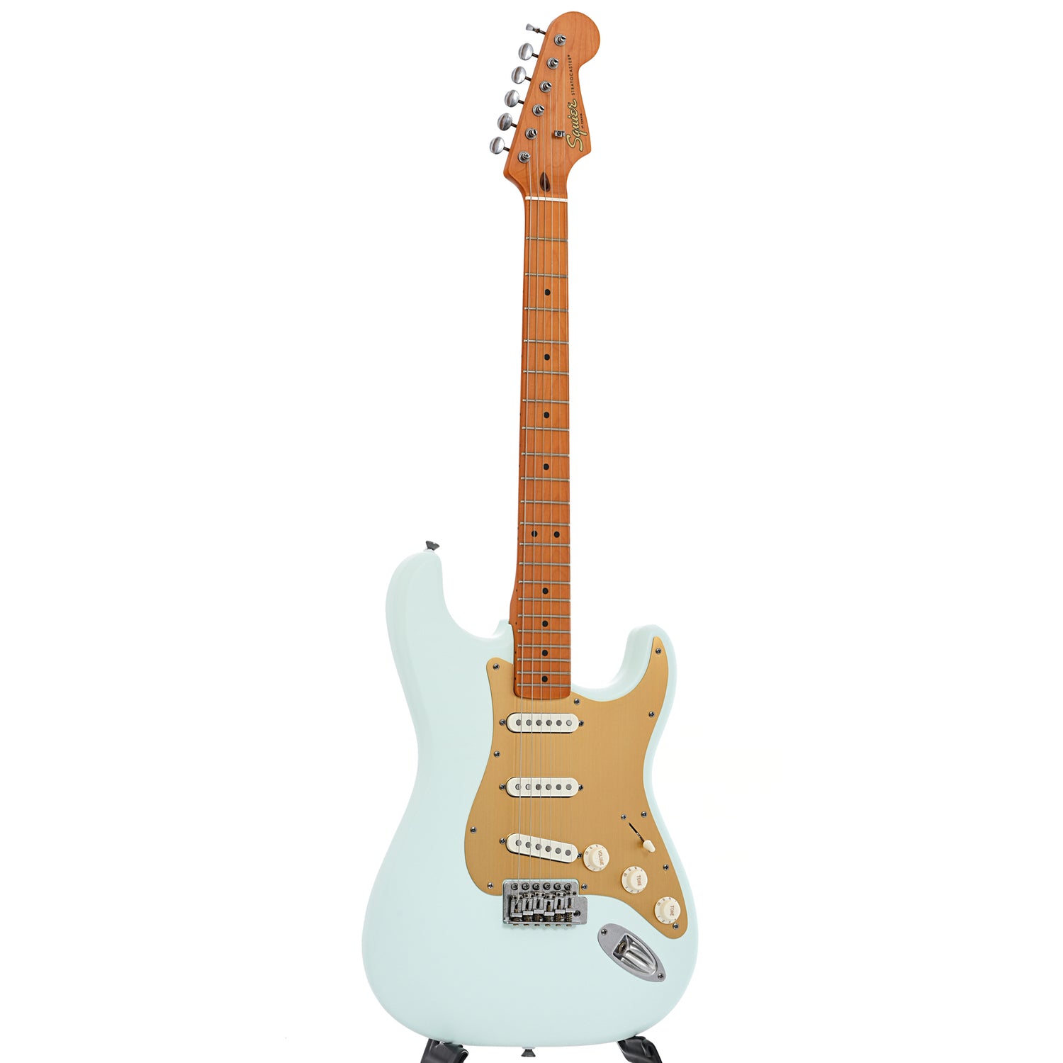 Full front and side of Squier 40th Anniversary Stratocaster, Vintage Edition, Satin Sonic Blue