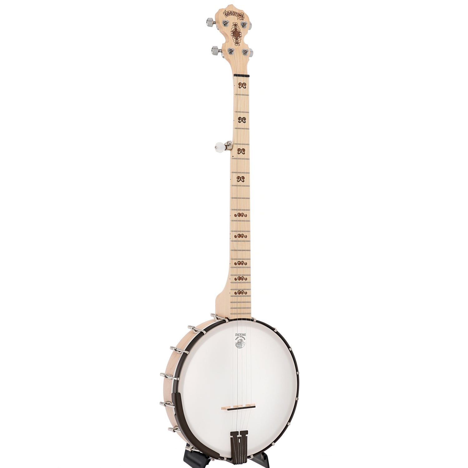 Full Front and side of Deering Goodtime Limited Edition Bronze Openback Banjo