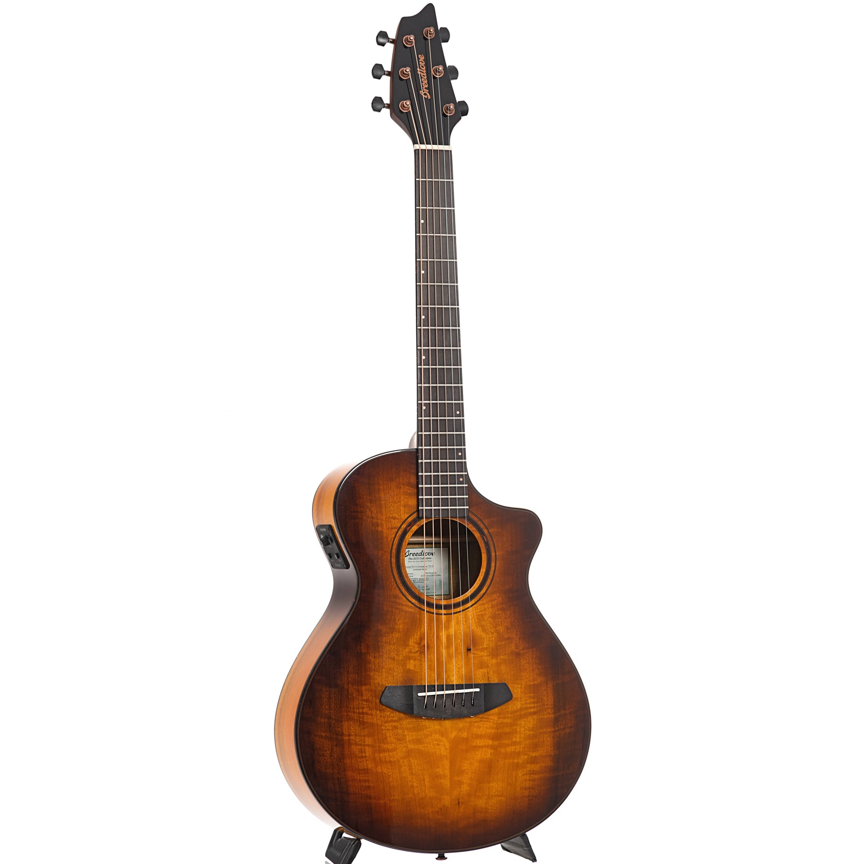 Full front and side of Breedlove Pursuit Exotic S Companion Tiger's Eye CE Myrtlewood-Myrtlewood