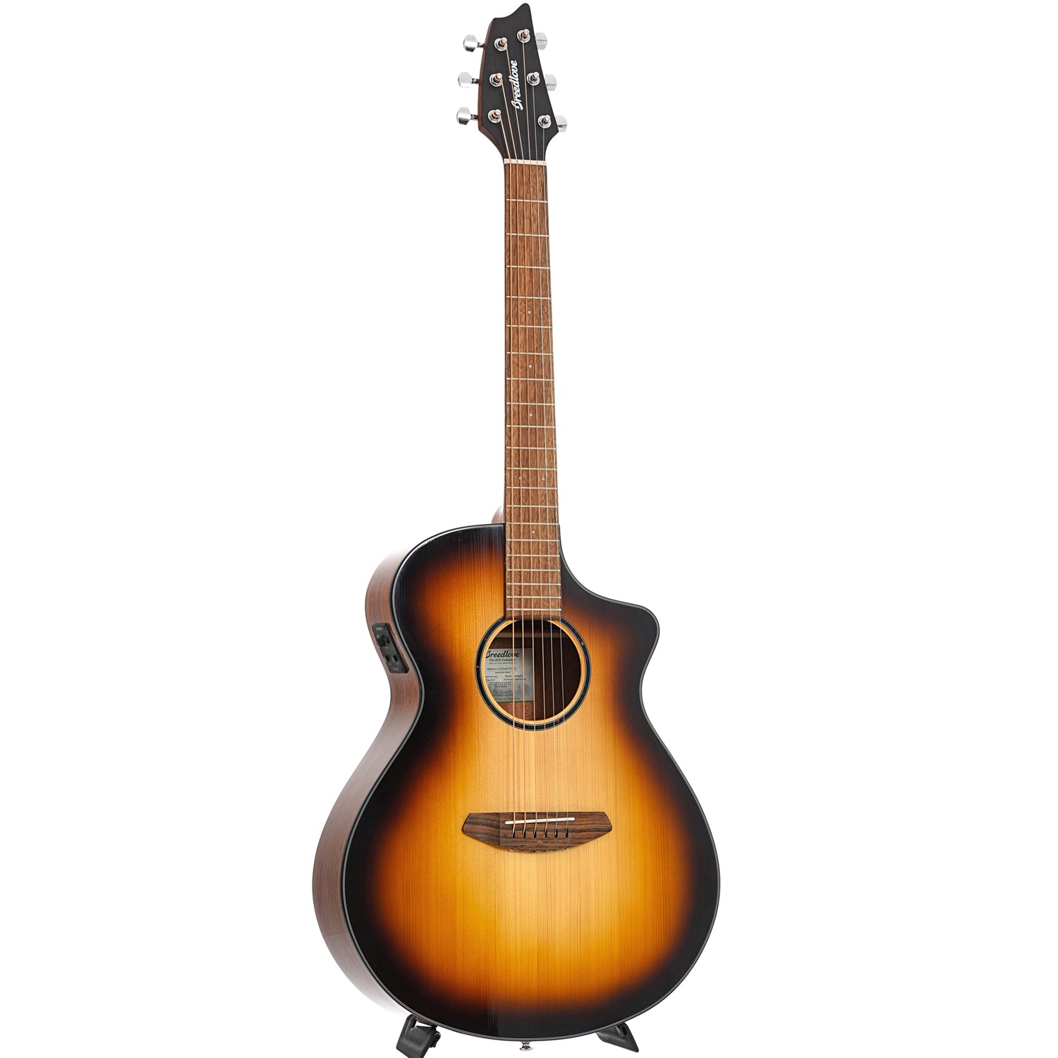 Full front and side of Breedlove Eco Collection Discovery S Concert Edgeburst CE European-African