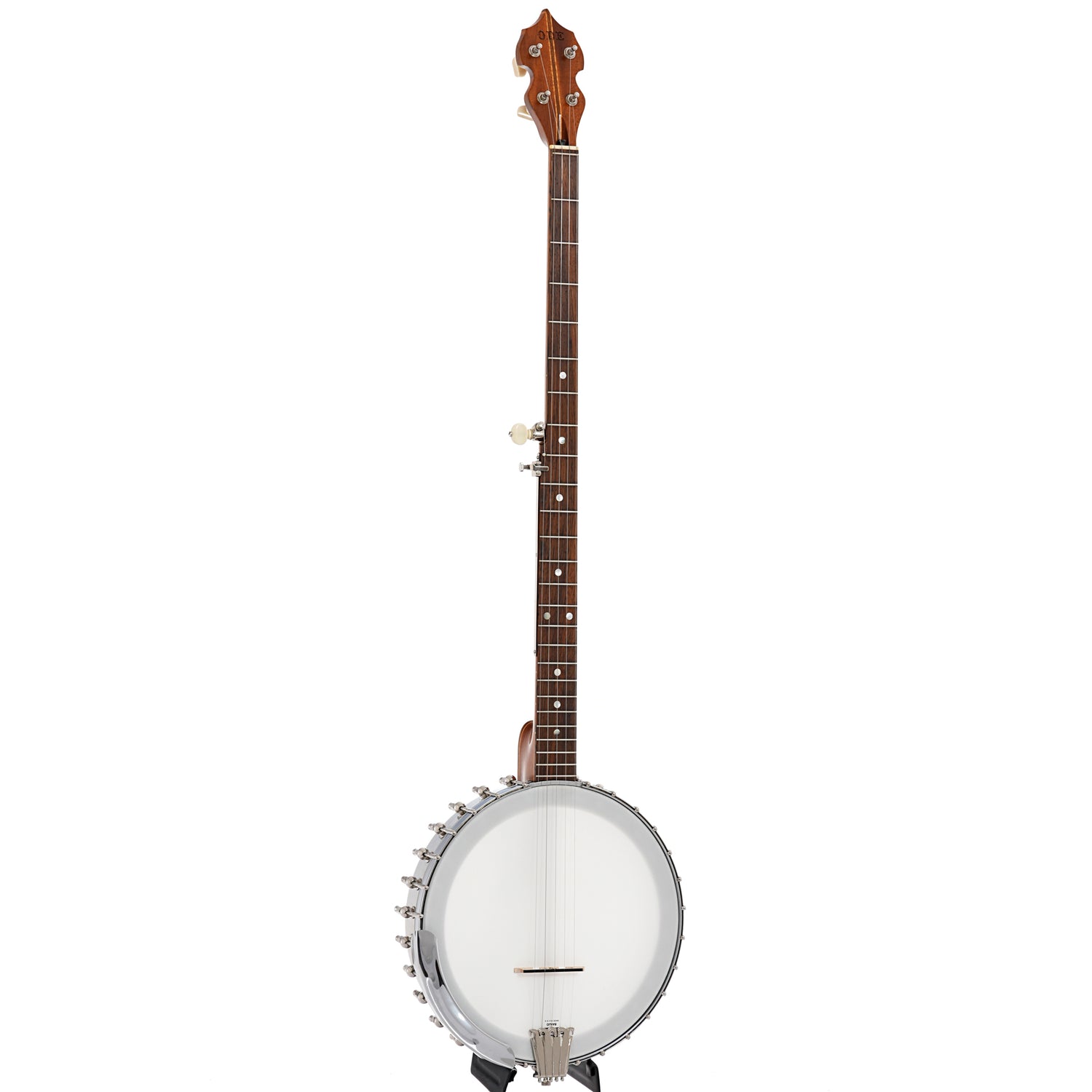 Full front and side of Ode Model 33 Extra Longneck Banjo