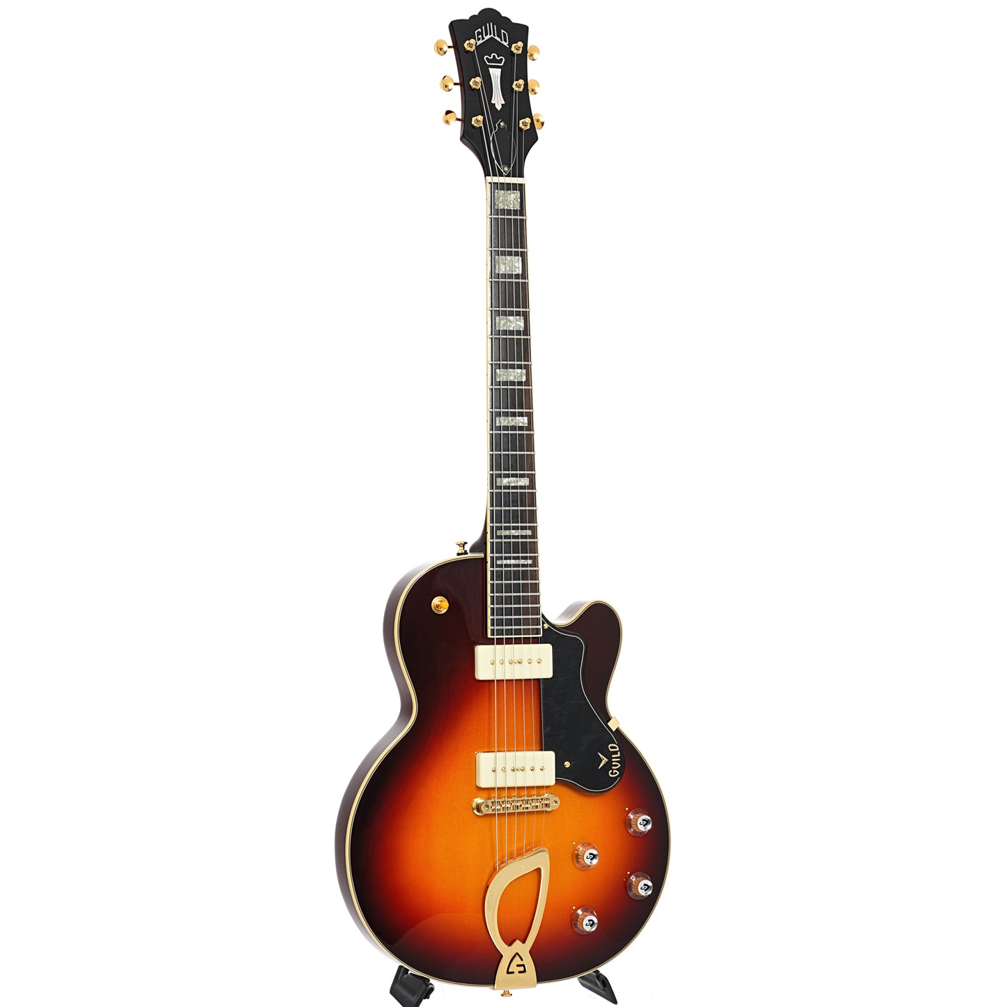 Full Front and Side of Guild Newark St. Collection M-75 Aristocrat Hollow Body Archtop Guitar