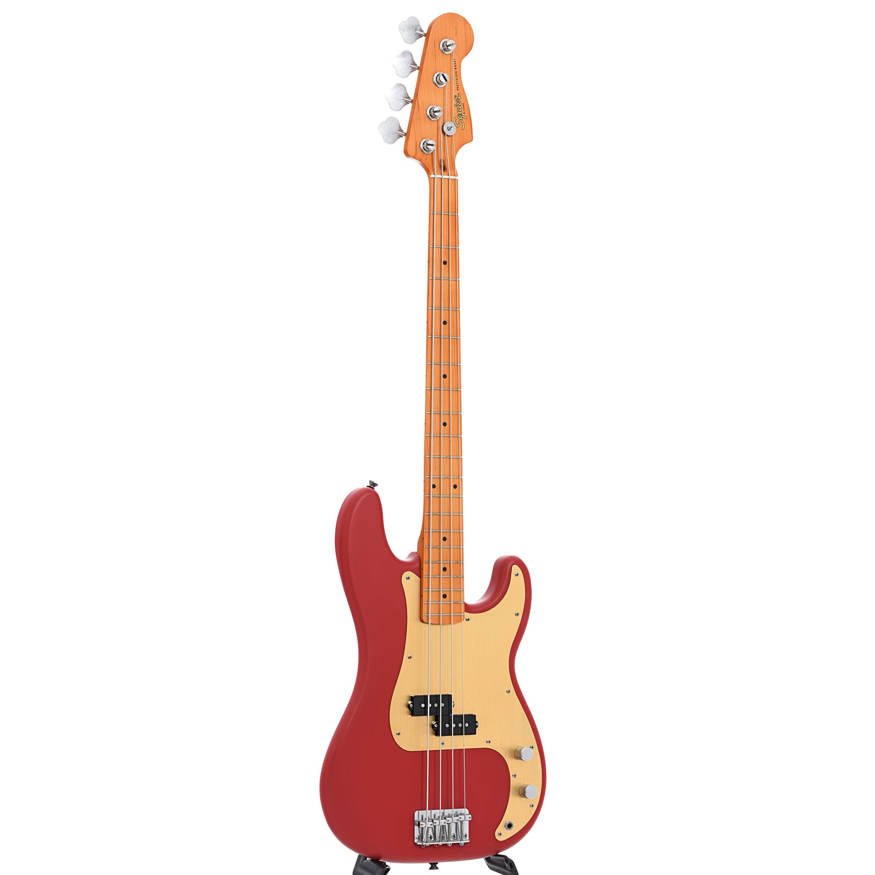 Full front and side of Squier 40th Anniversary Precision Bass, Vintage Edition, Satin Dakota Red
