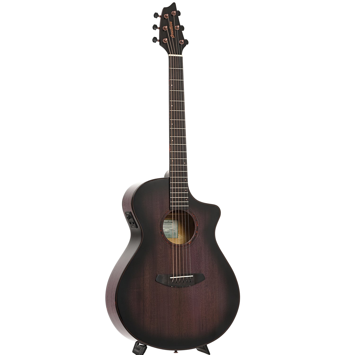 Full front and side of Breedlove Limited Edition Pursuit Exotic S Concert Blackberry CE