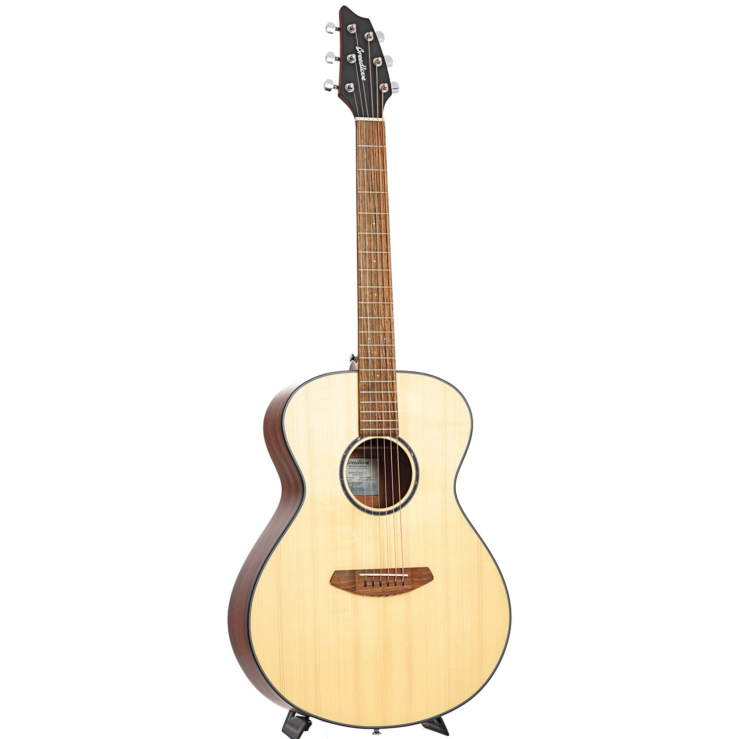 Full front and side of Breedlove Eco Collection Discovery S Concert LH European-African Mahogany