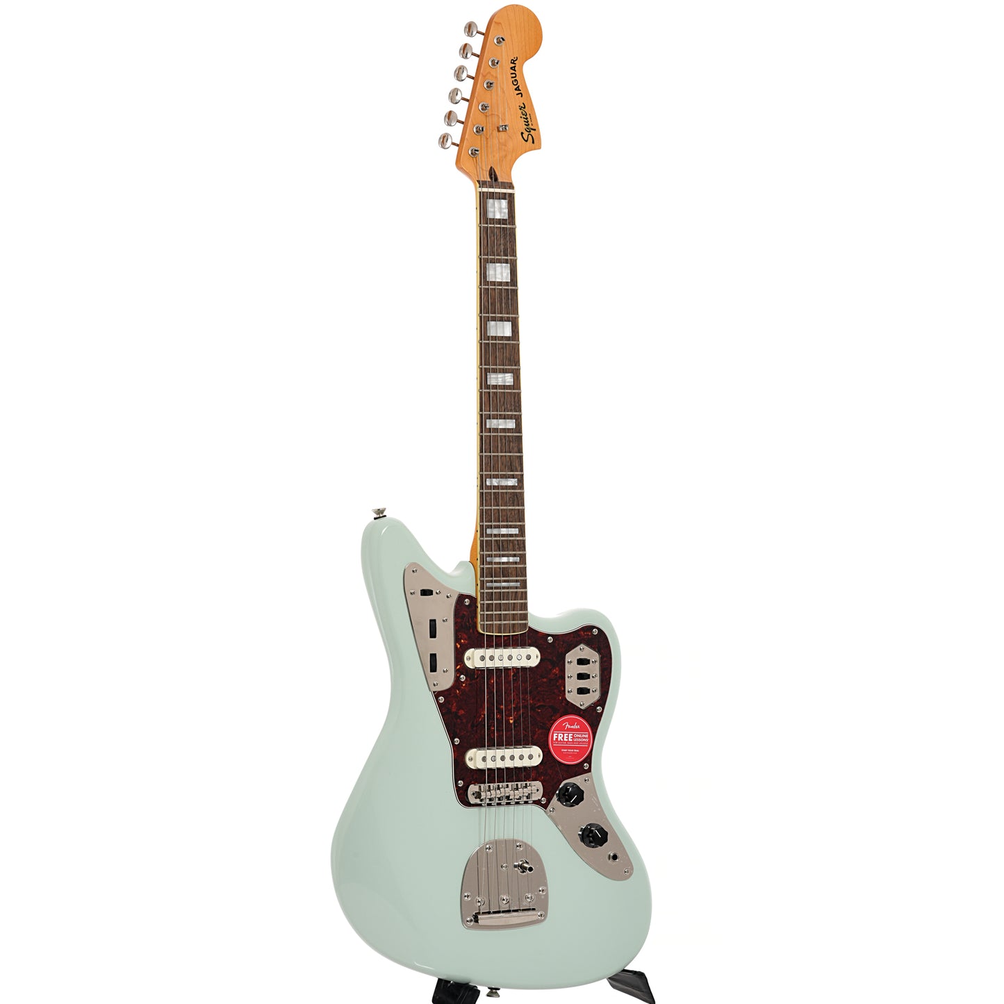 Front and side of Squier Classic Vibe '70s Jaguar, Surf Green