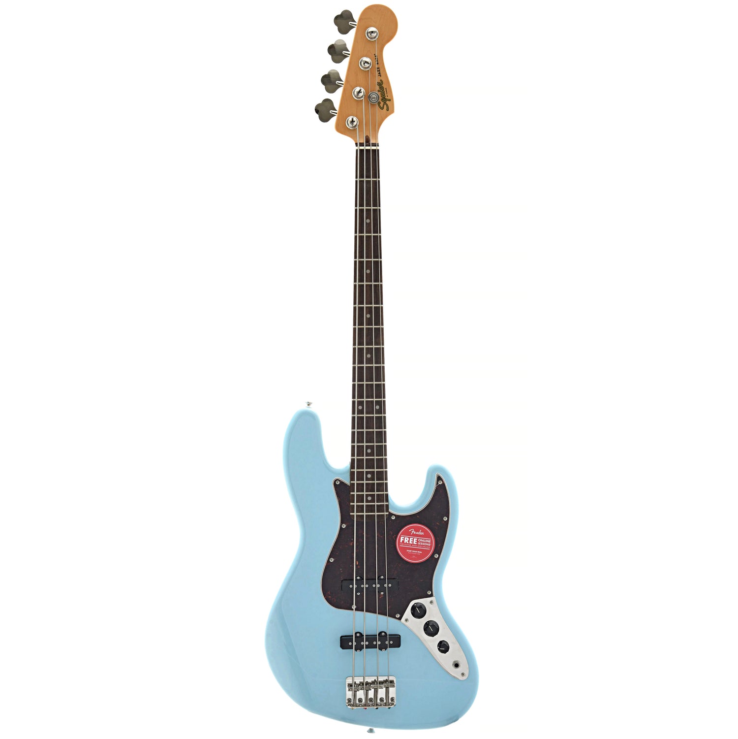 full front of Squier Classic Vibe '60s Jazz Bass, Daphne Blue