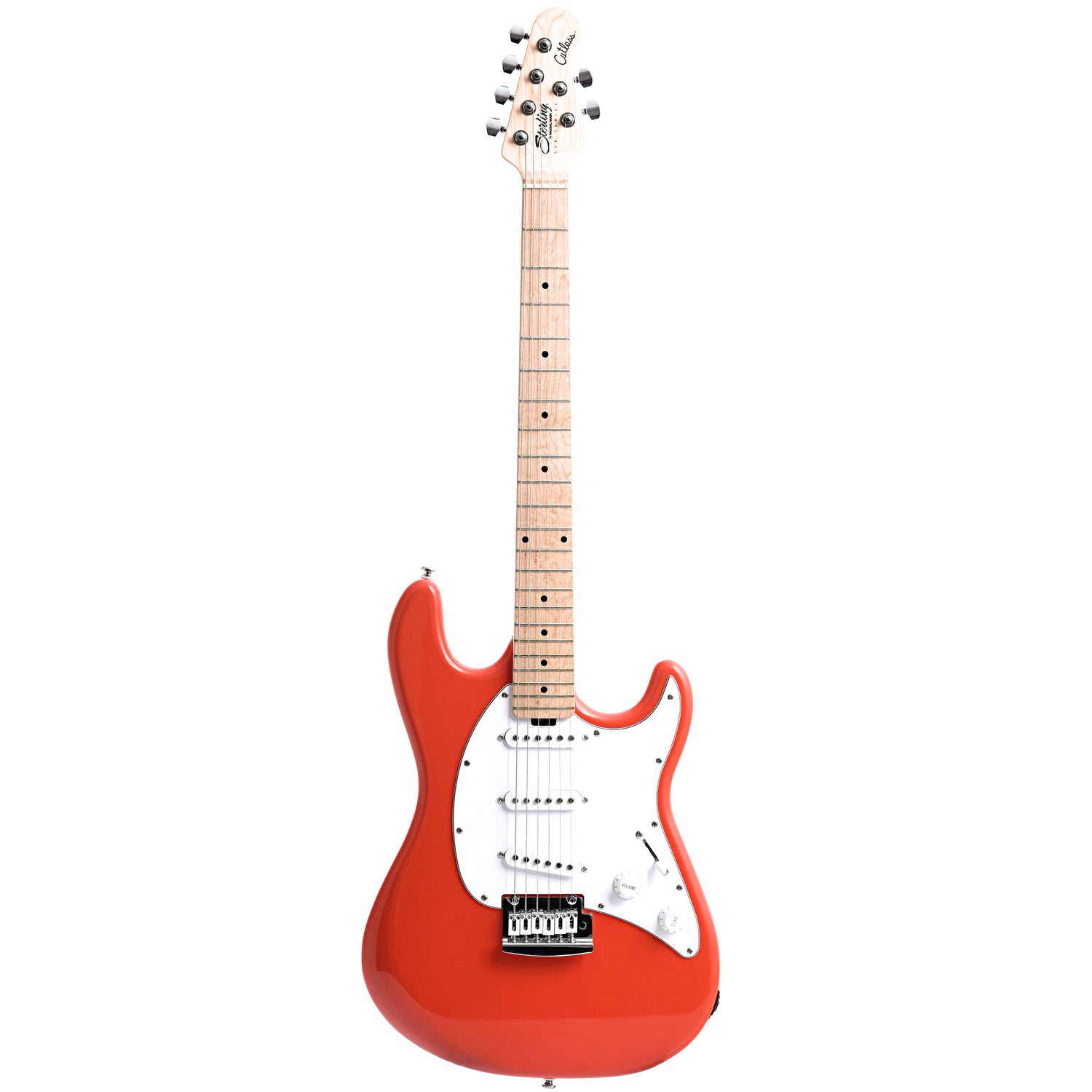 Full front of Sterling by Music Man Cutlass SSS Electric Guitar, Fiesta Red