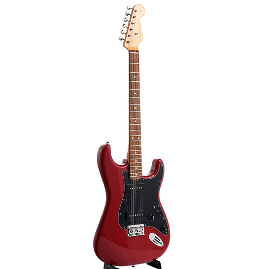 Full front and side of Fender Noventa Stratocaster, Crimson Red Transparent