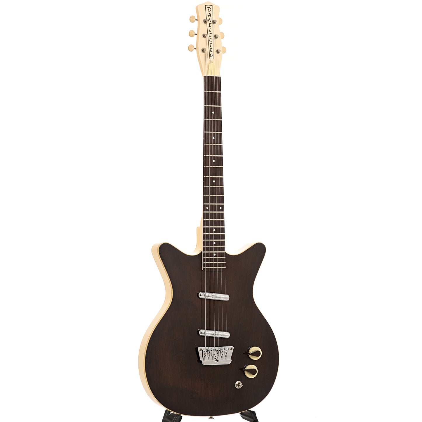 Full front and side of Danelectro '59 Divine, Dark Walnut