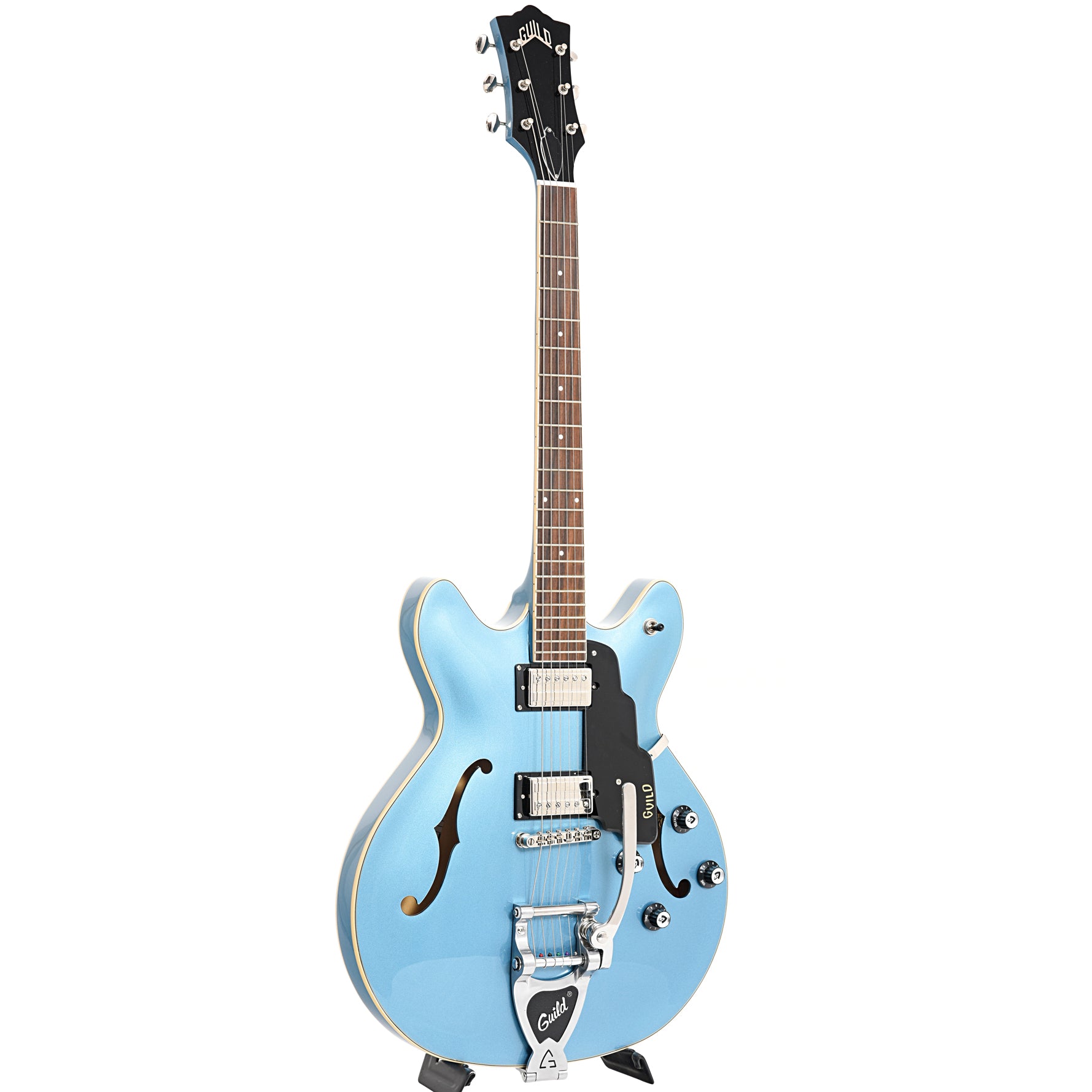 Full front and side of of Guild Starfire I Double Cutaway Semi-Hollow Body  Pelham Blue
