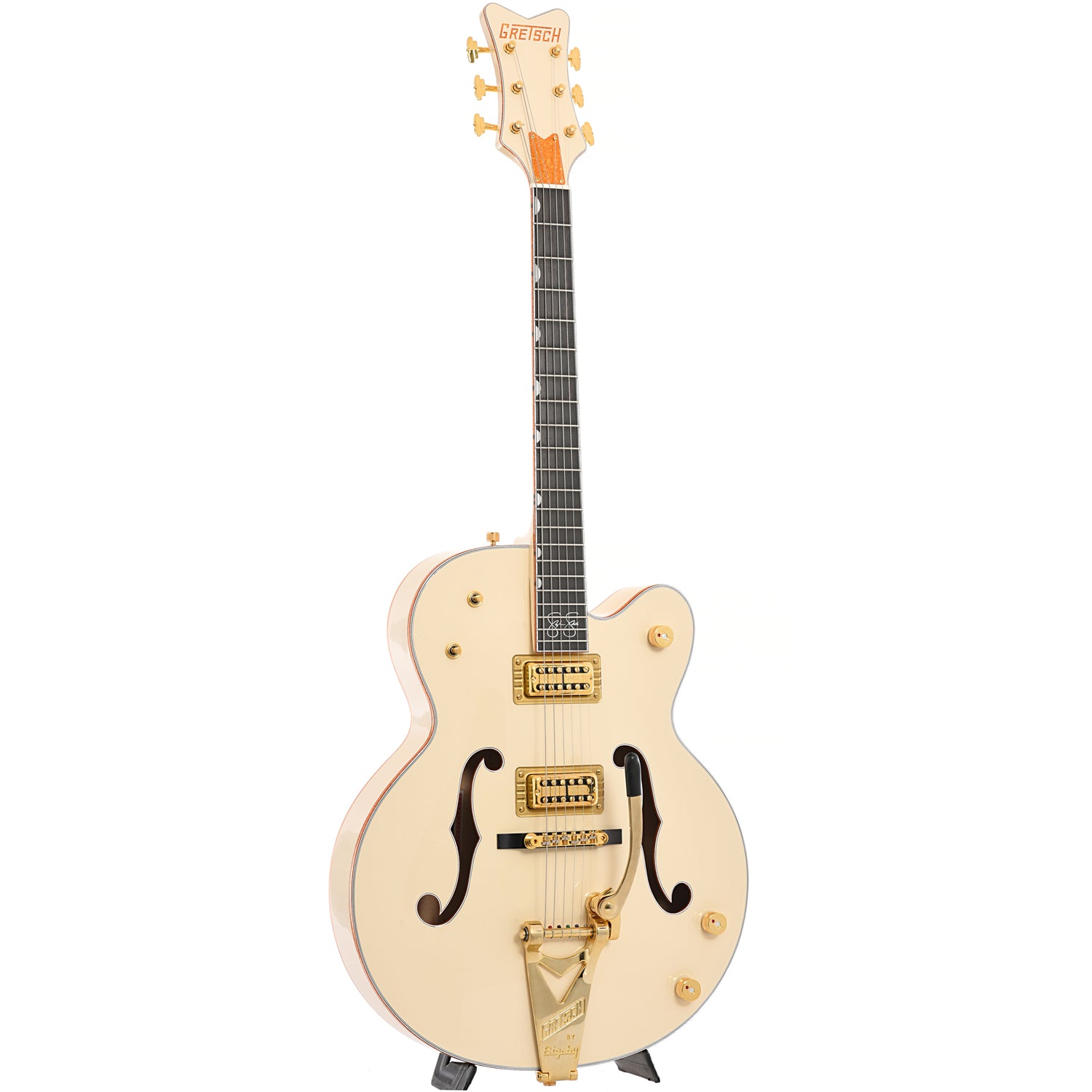 Full front and side of Gretsch Stephen Stills White Falcon Hollow Body 