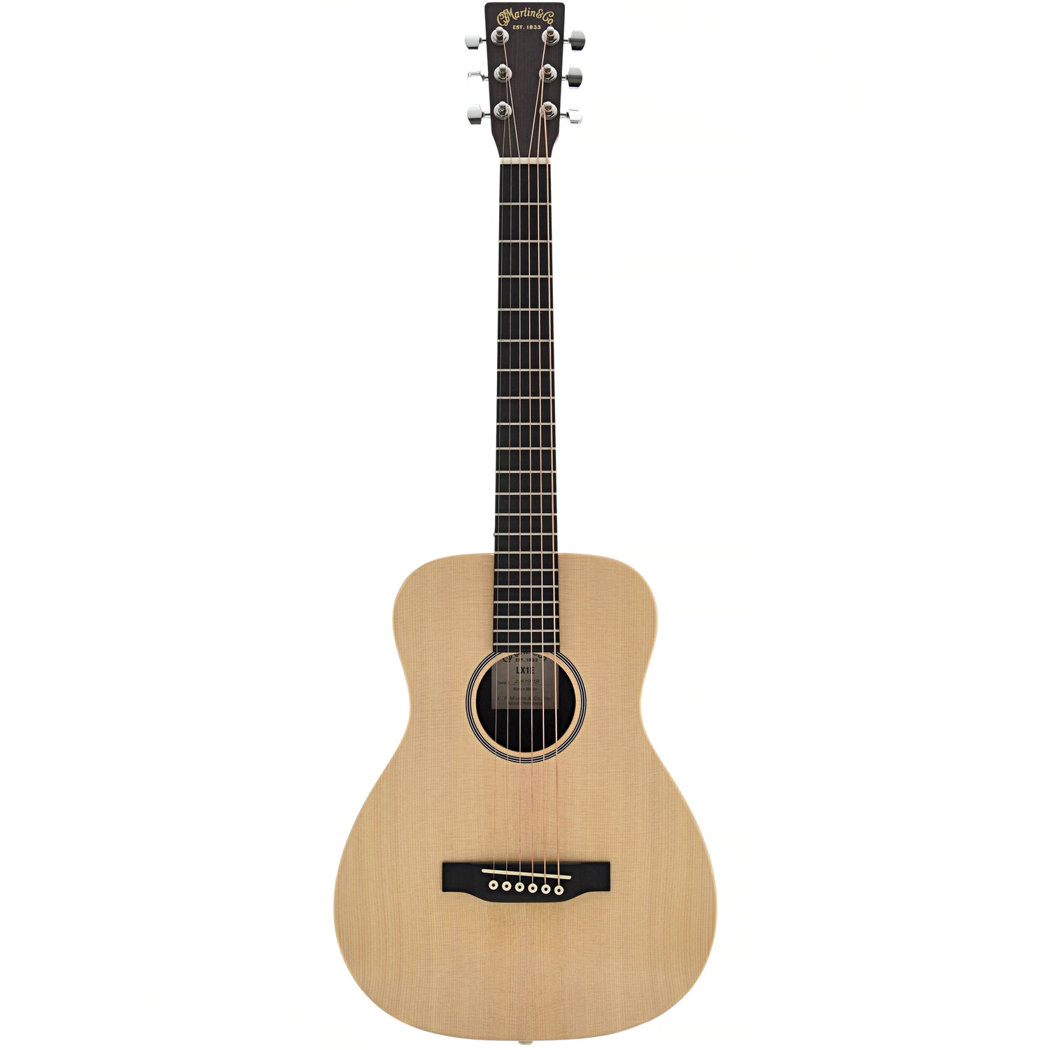 full front of Martin LX1E Lefthanded Little Martin Solid Spruce Top