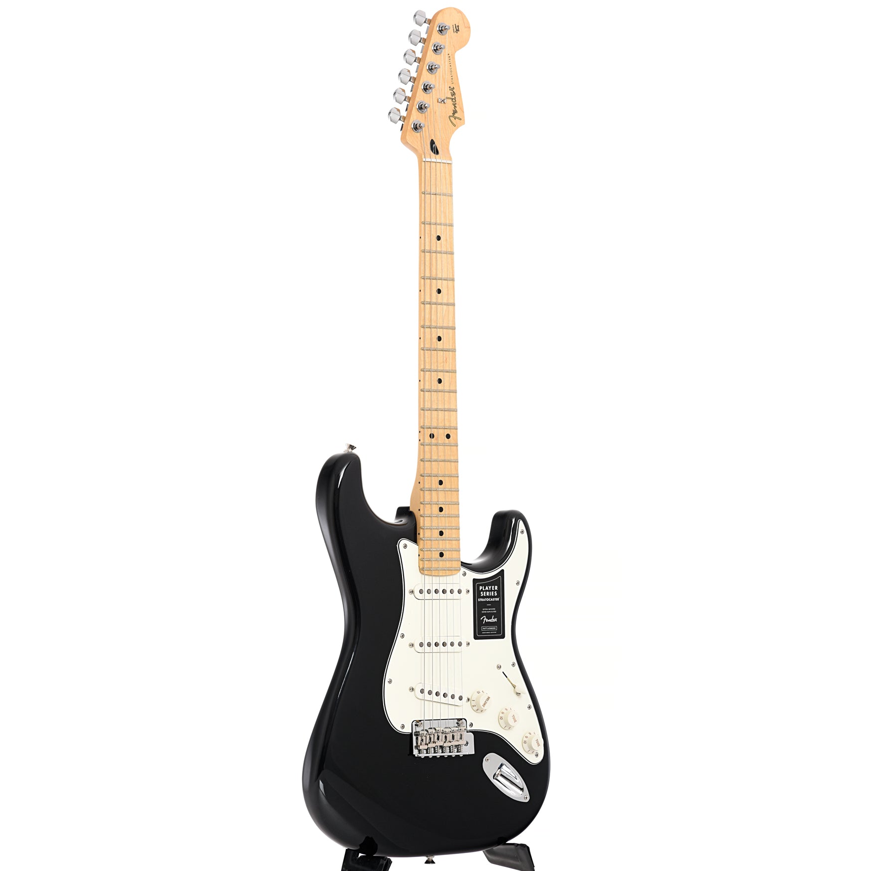 Full front and side of Fender Player Stratocaster, Black