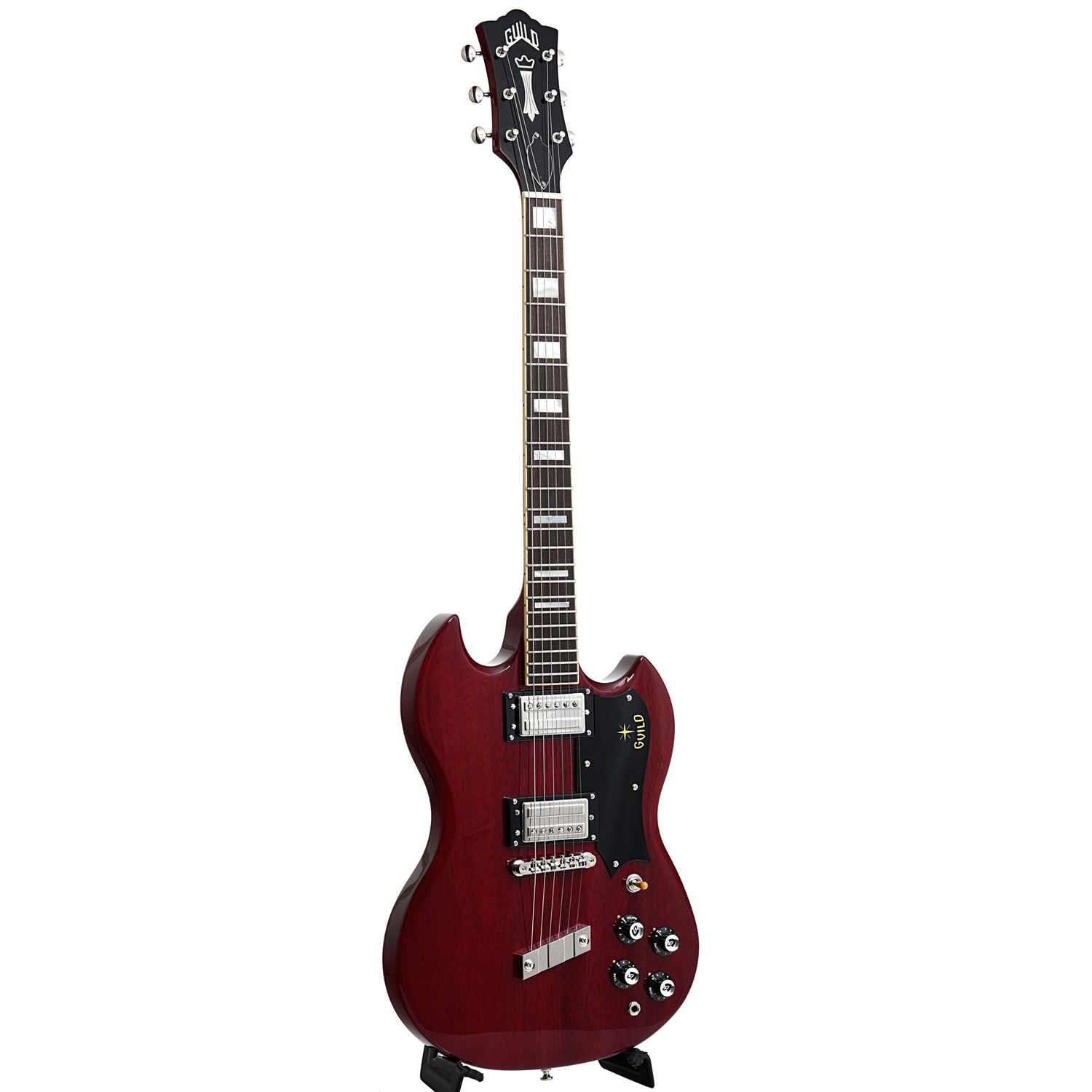 Full Front and side of Guild Newark ST. Collection S-100 Polara, Cherry Red