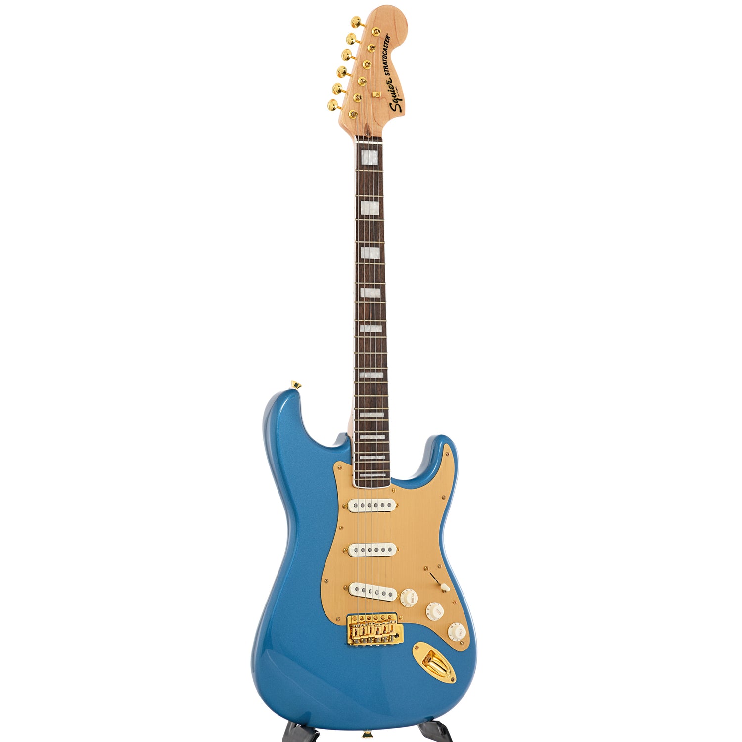 Full front and side of Squier 40th Anniversary Stratocaster, Gold Edition, Lake Placid Blue