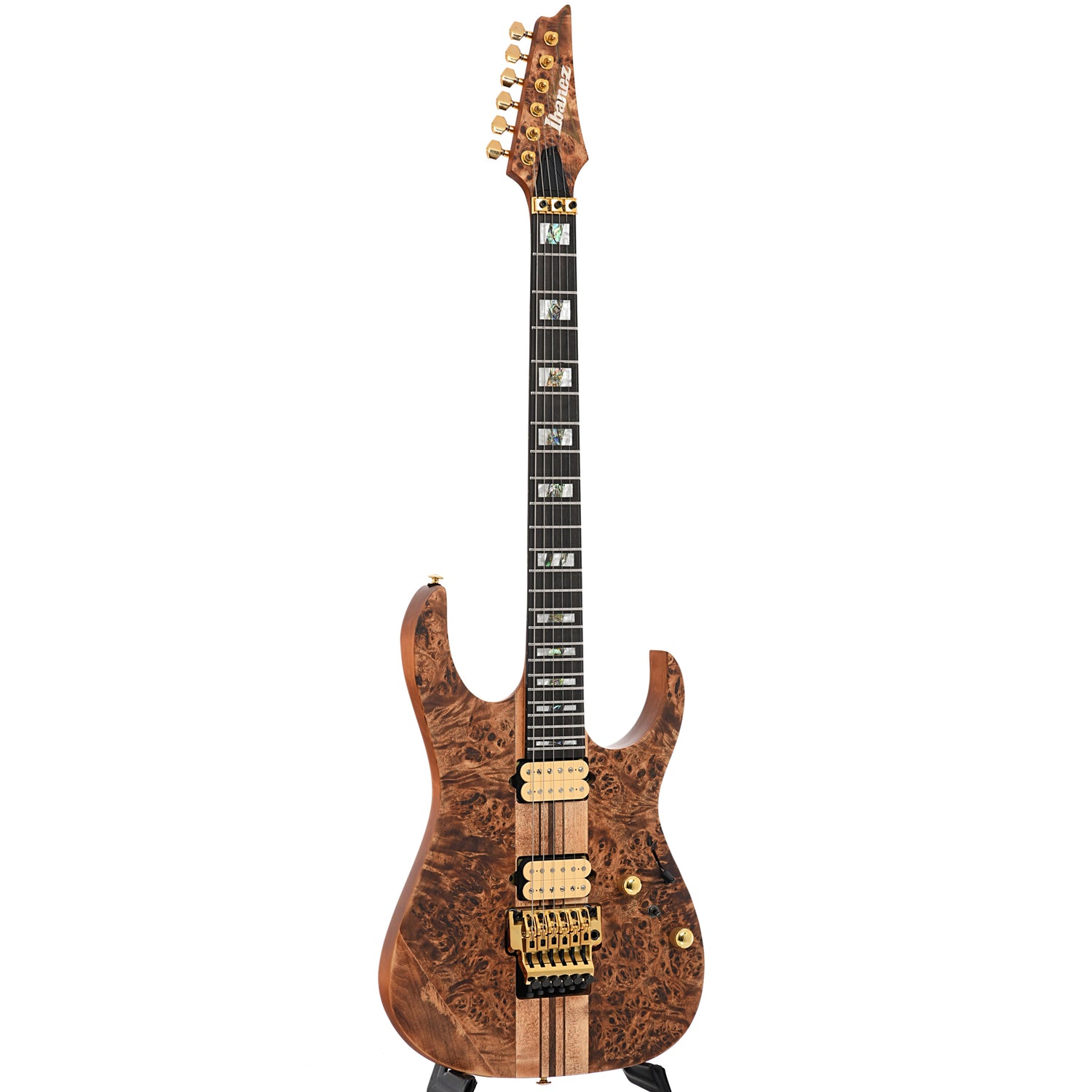 Full front and side of Ibanez Premium RGT1220PB Electric Guitar, Antique Brown Stained