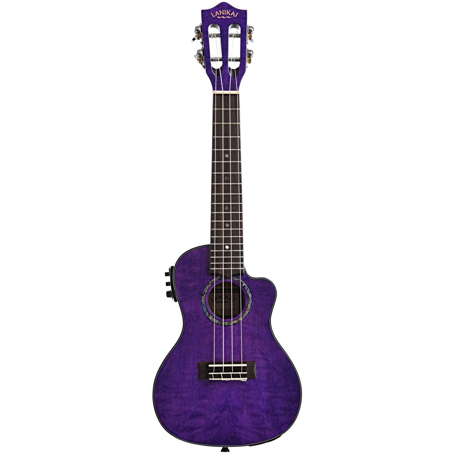 full front of Lanikai Quilted Maple Purple Stain A/E Concert Ukulele