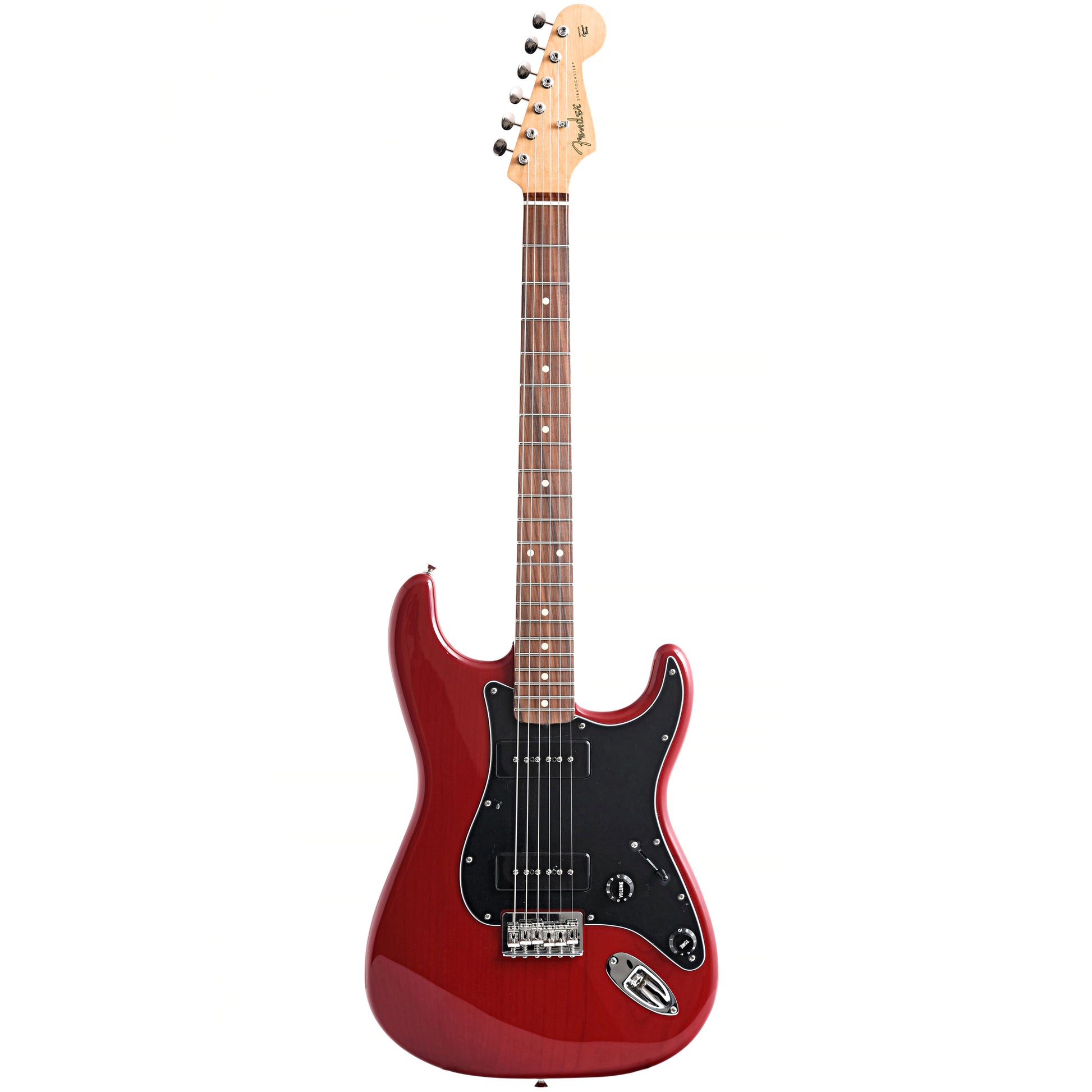 Full front of Fender Noventa Stratocaster, Crimson Red Transparent