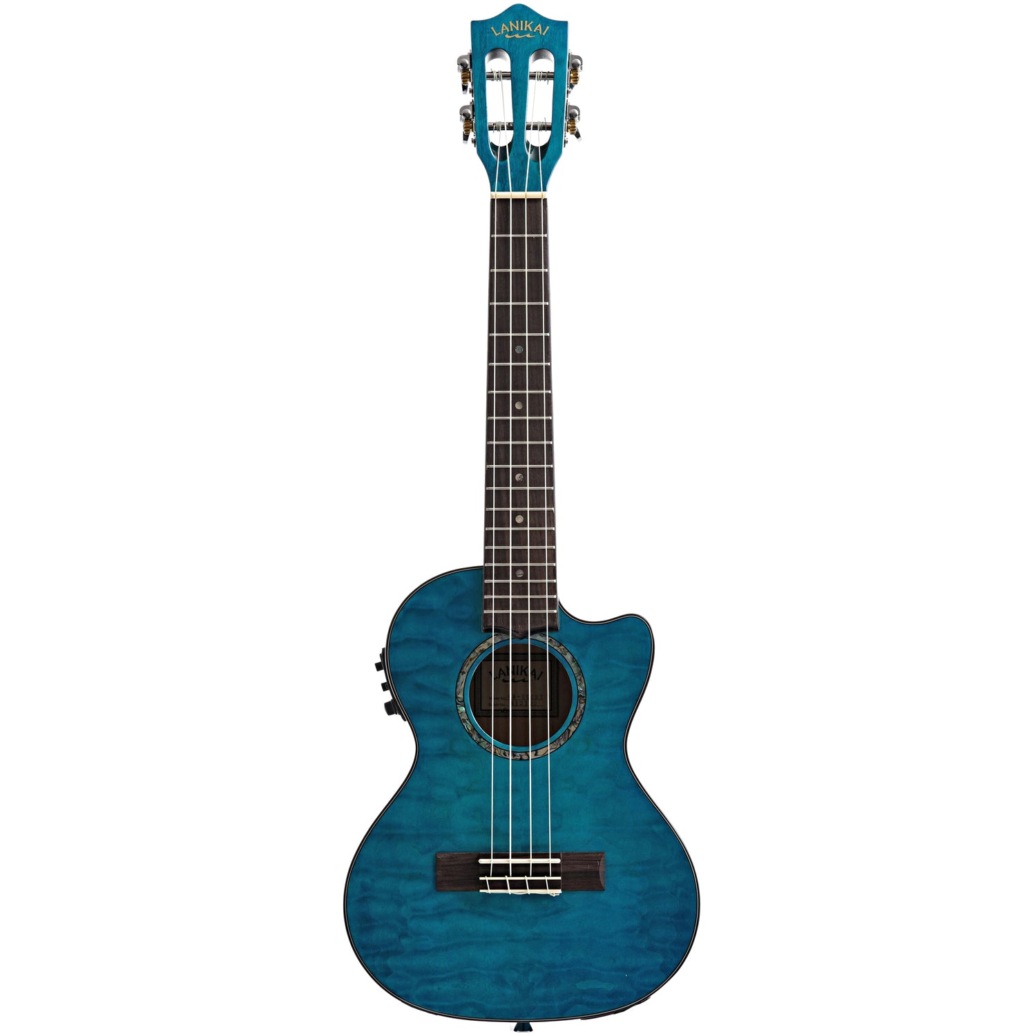 full front of Lanikai Quilted Maple Blue Stain A/E Tenor Ukulele