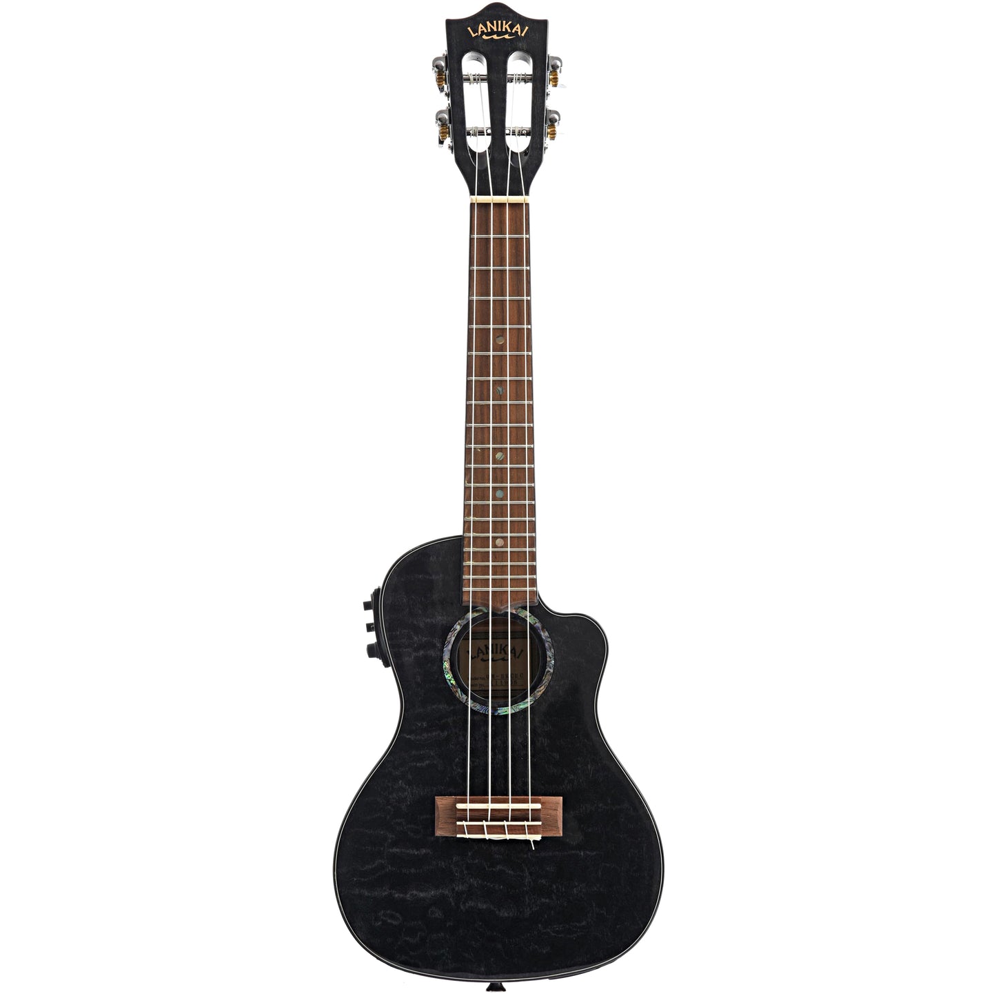 full front of Lanikai Quilted Maple Black Stain A/E Concert Ukulele